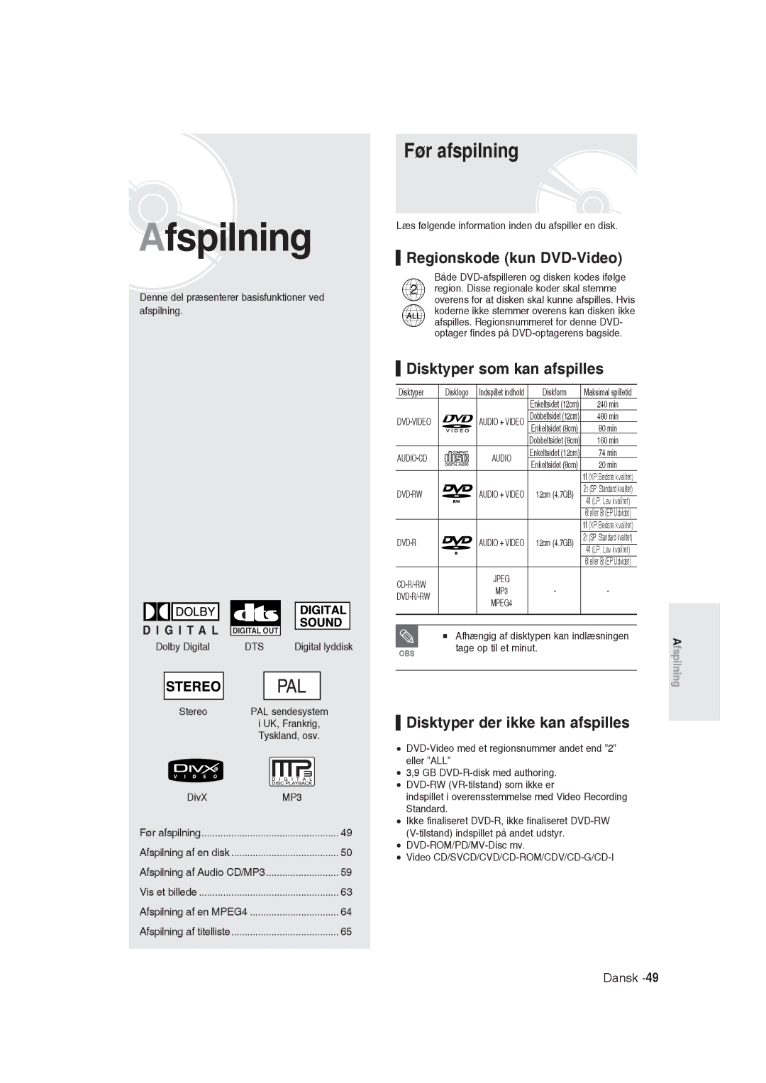 Samsung DVD-R129/XEE manual Før afspilning, Regionskode kun DVD-Video, Disktyper som kan afspilles 