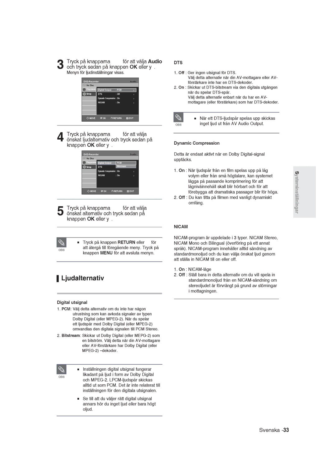 Samsung DVD-R129/XEE manual Ljudalternativ, Digital utsignal, Dynamic Compression 