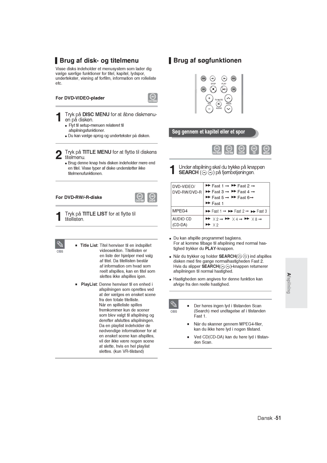 Samsung DVD-R129/XEE manual Brug af disk- og titelmenu, Brug af søgfunktionen, Søg gennem et kapitel eller et spor 