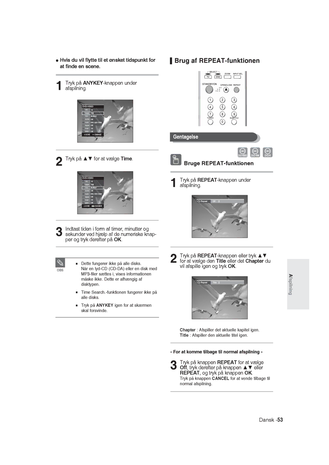 Samsung DVD-R129/XEE manual Brug af REPEAT-funktionen, Gentagelse, Bruge REPEAT-funktionen, Tryk på for at vælge Time 