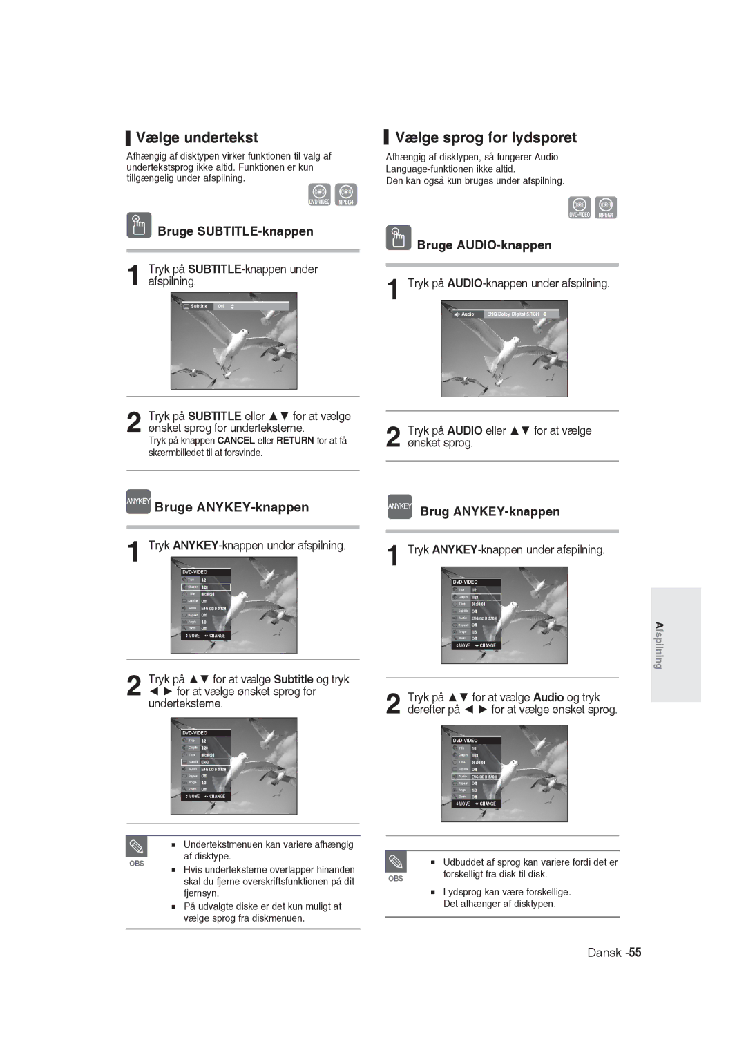 Samsung DVD-R129/XEE manual Vælge undertekst, Bruge SUBTITLE-knappen, Bruge AUDIO-knappen, Brug ANYKEY-knappen 