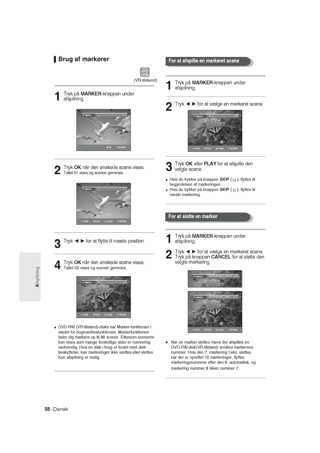Samsung DVD-R129/XEE manual Brug af markører, For at afspille en markeret scene, For at slette en markør 