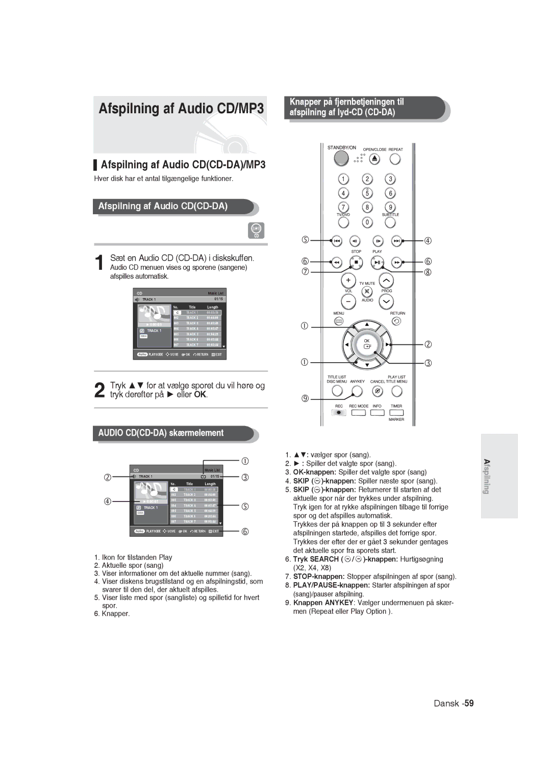 Samsung DVD-R129/XEE manual Afspilning af Audio CDCD-DA/MP3, Audio CDCD-DA skærmelement 