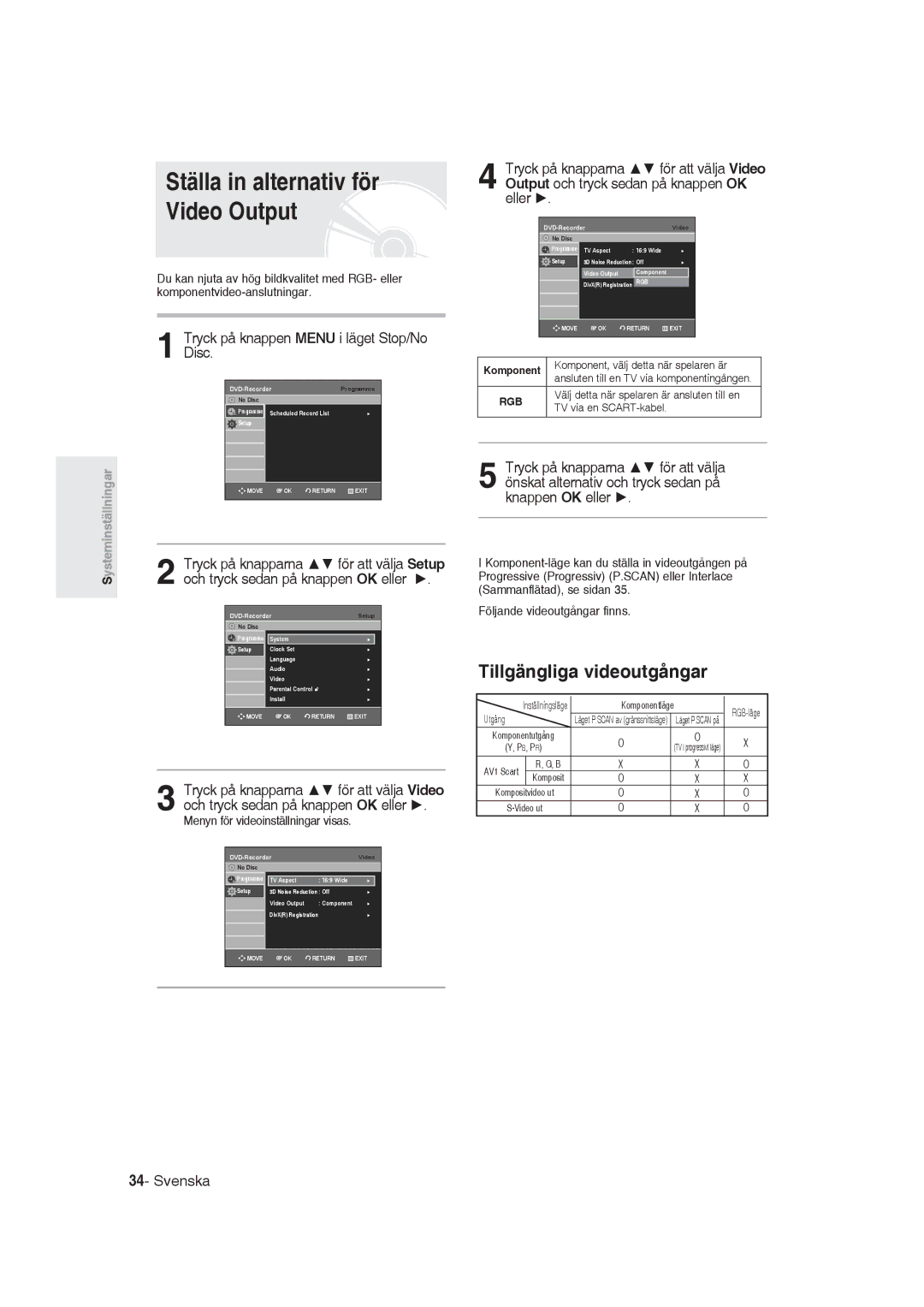 Samsung DVD-R129/XEE Ställa in alternativ för Video Output, Tillgängliga videoutgångar, Menyn för videoinställningar visas 