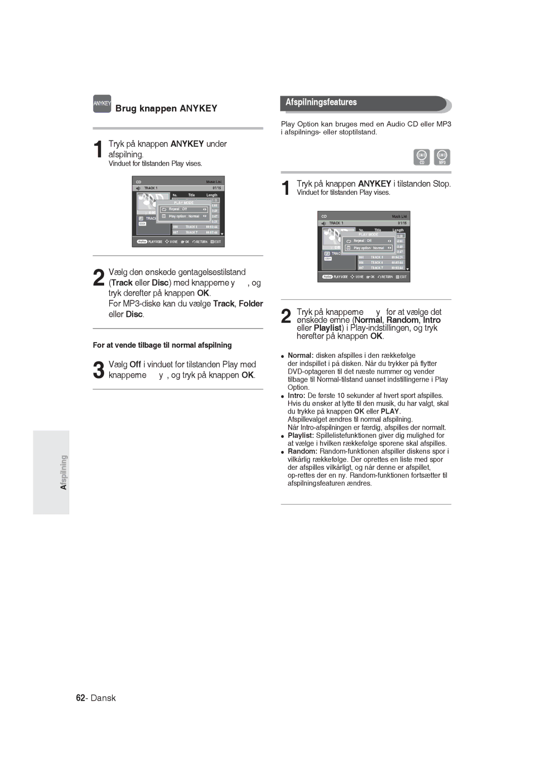 Samsung DVD-R129/XEE manual Brug knappen Anykey, Afspilningsfeatures, Tryk på knappen Anykey under afspilning 