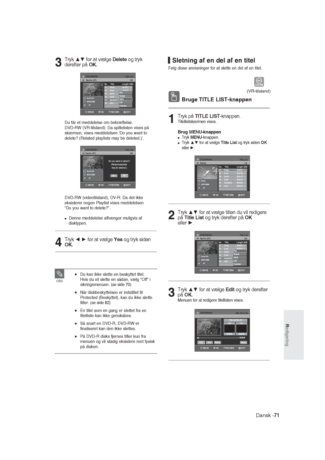 Samsung DVD-R129/XEE manual Sletning af en del af en titel, Tryk for at vælge Yes og tryk siden 