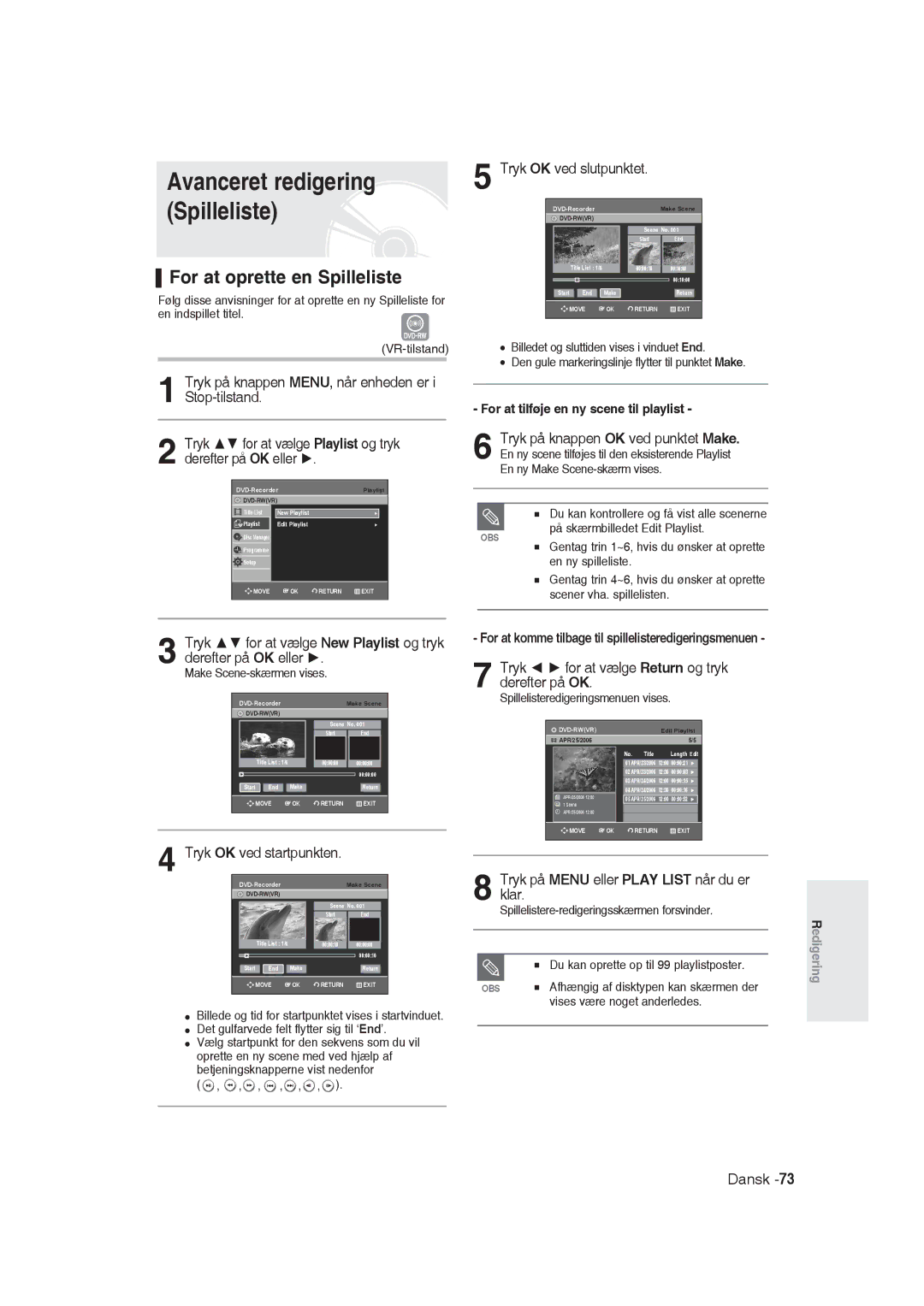 Samsung DVD-R129/XEE manual Avanceret redigering Spilleliste, For at oprette en Spilleliste 