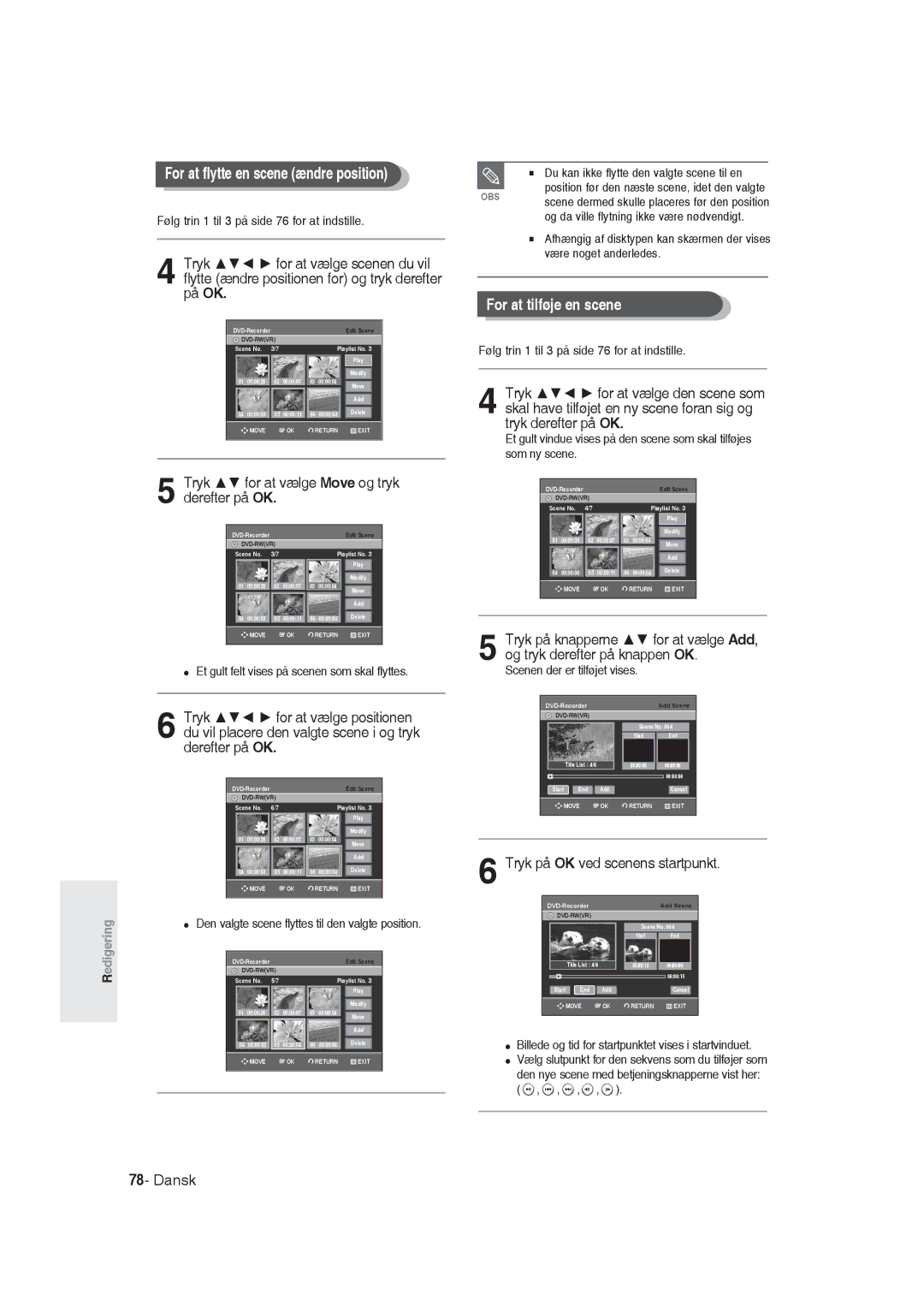Samsung DVD-R129/XEE For at flytte en scene ændre position, For at tilføje en scene, Tryk på OK ved scenens startpunkt 