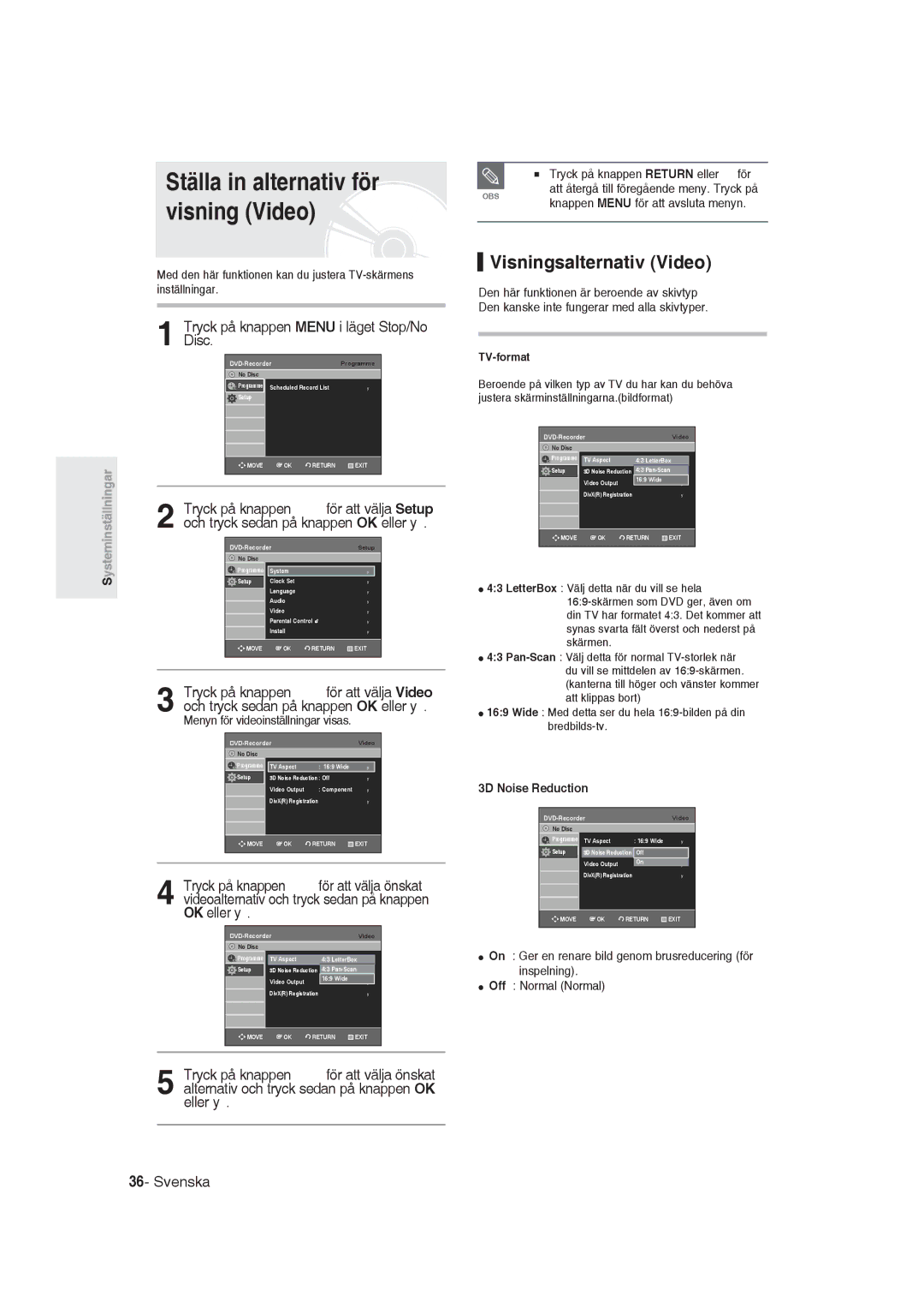 Samsung DVD-R129/XEE manual Ställa in alternativ för visning Video, Visningsalternativ Video, TV-format, 3D Noise Reduction 