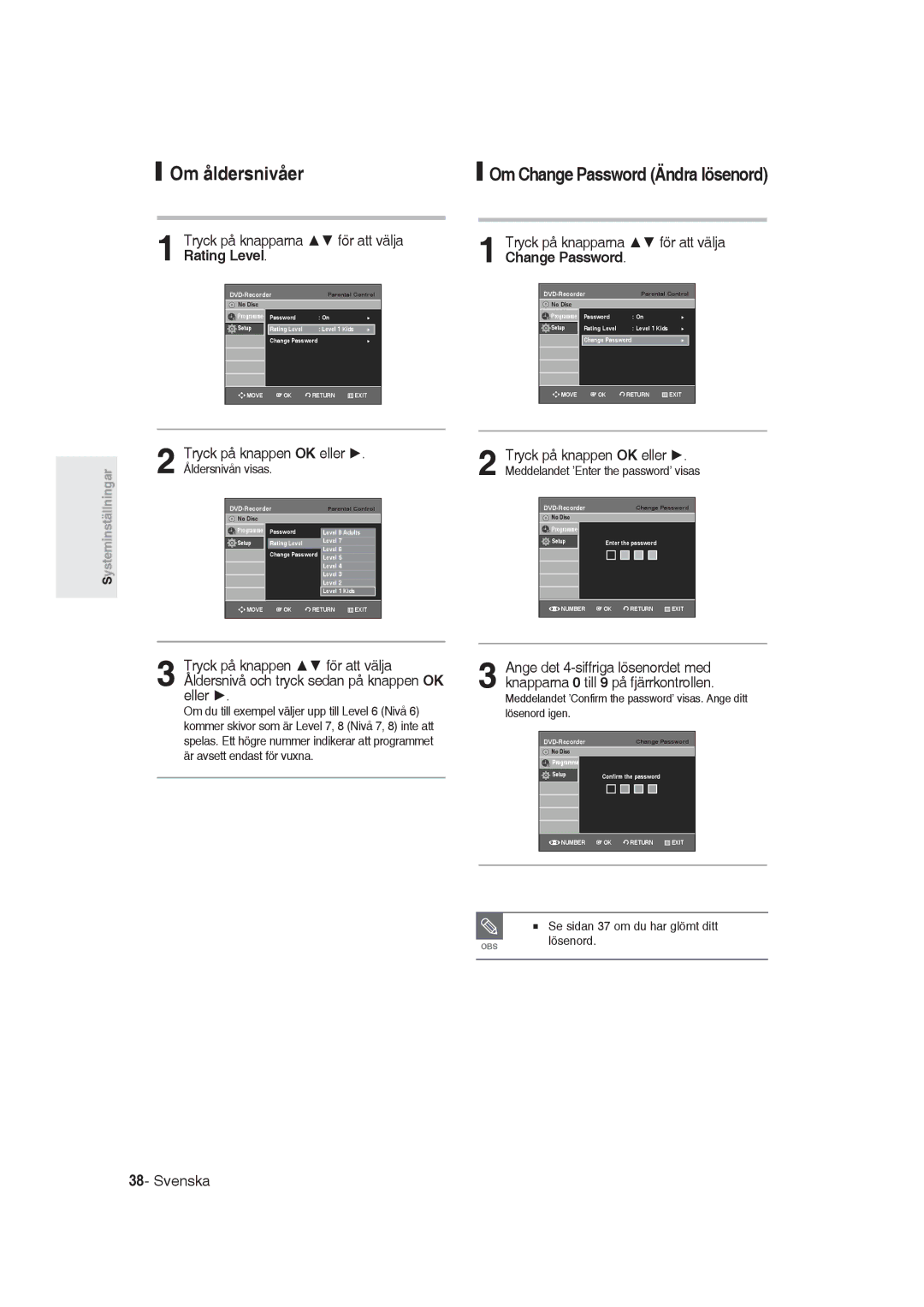 Samsung DVD-R129/XEE Om åldersnivåer, Om Change Password Ändra lösenord, Tryck på knapparna för att välja Rating Level 