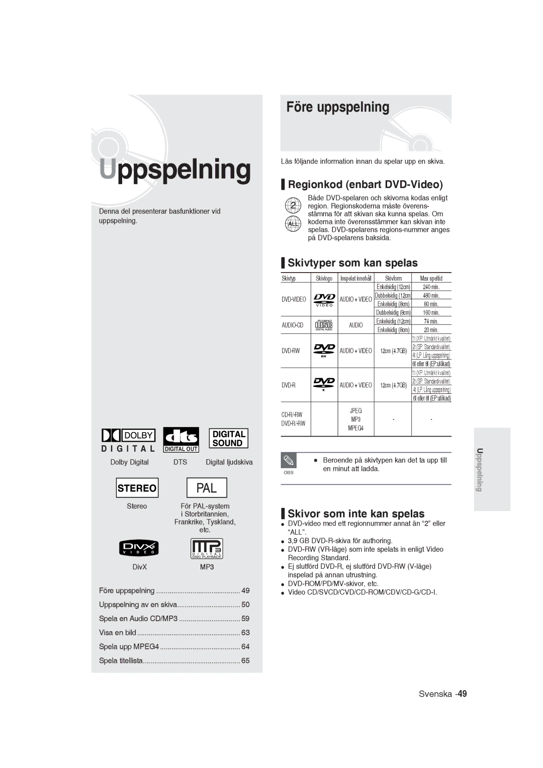 Samsung DVD-R129/XEE Före uppspelning, Regionkod enbart DVD-Video, Skivtyper som kan spelas, Skivor som inte kan spelas 