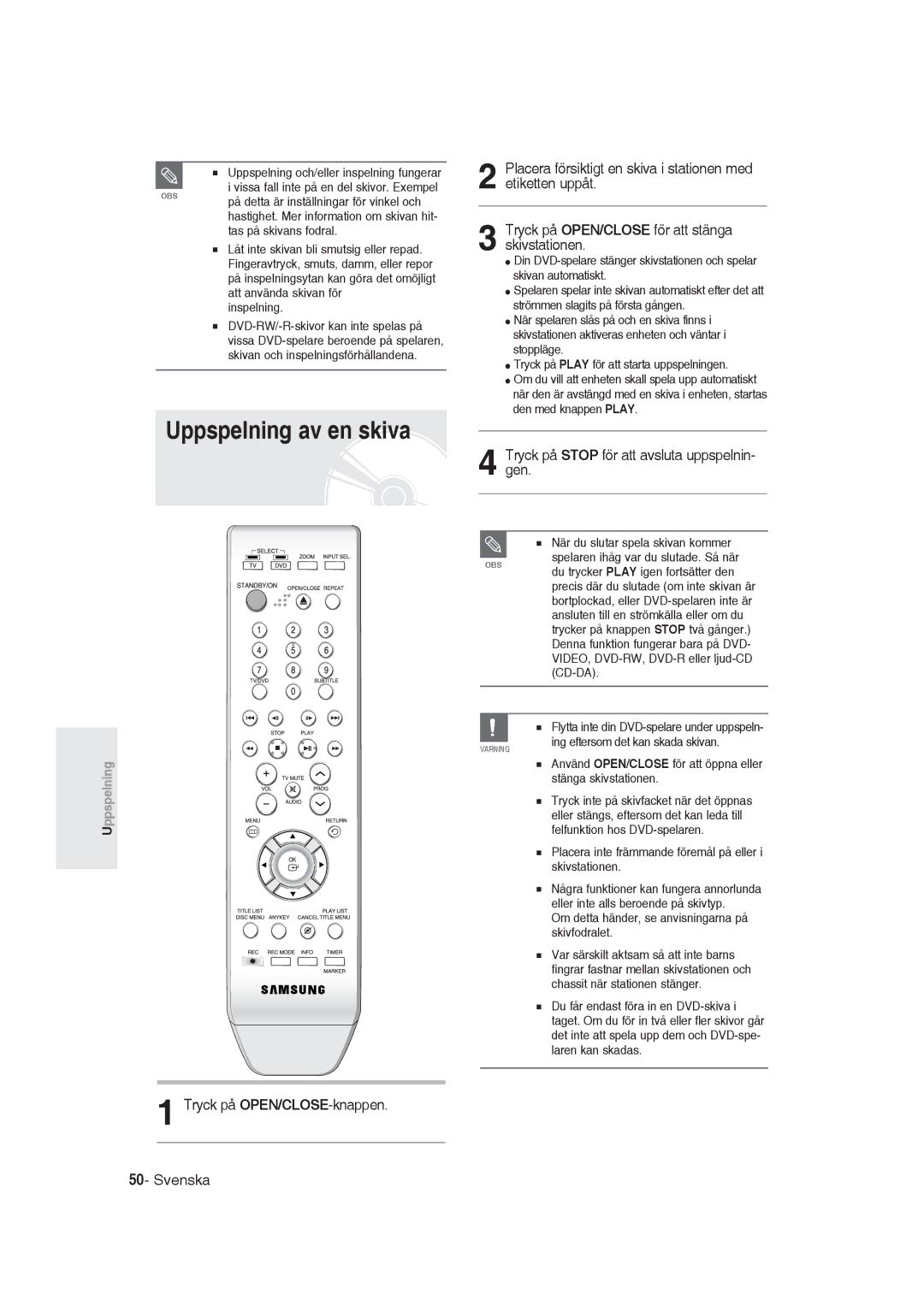 Samsung DVD-R129/XEE manual Uppspelning av en skiva, Tryck på Stop för att avsluta uppspelnin- gen 