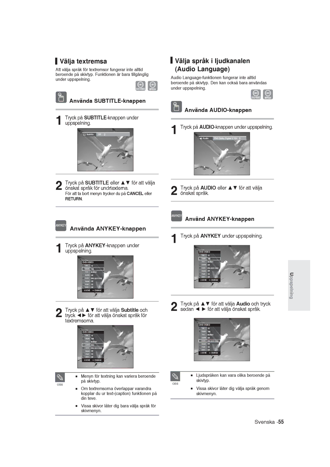 Samsung DVD-R129/XEE manual Välja textremsa, Välja språk i ljudkanalen Audio Language, Använda SUBTITLE-knappen 