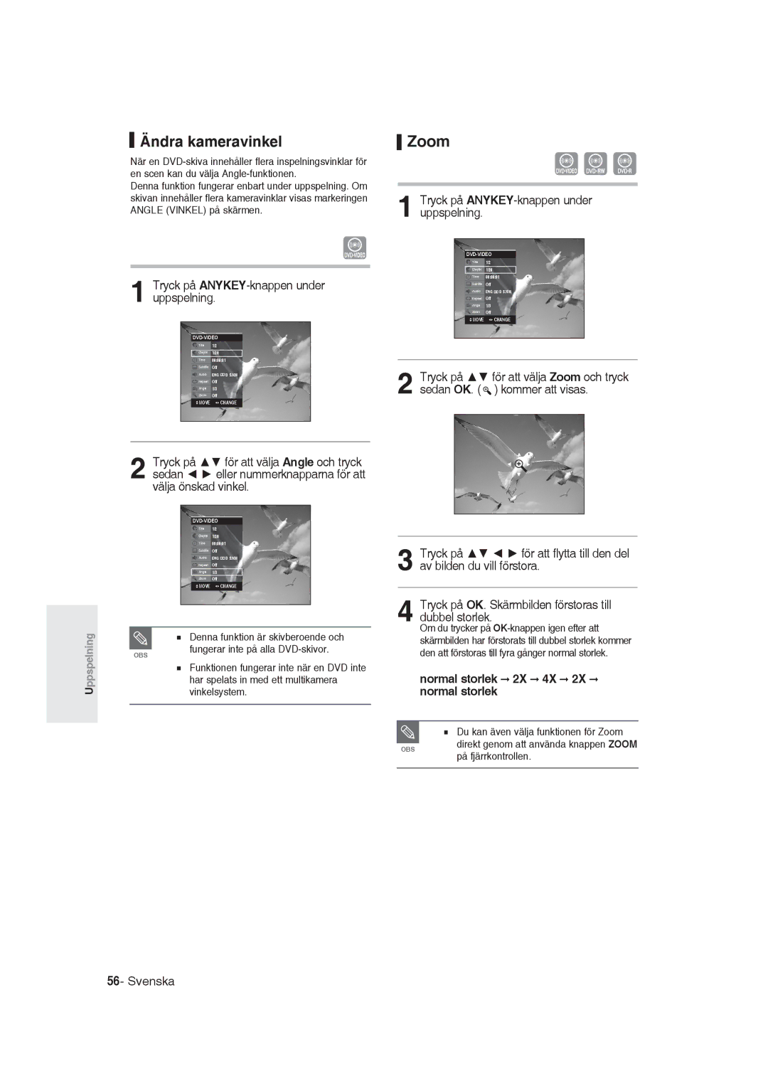 Samsung DVD-R129/XEE manual Ändra kameravinkel, Zoom, Välja önskad vinkel, Normal storlek 2X 4X 2X normal storlek 