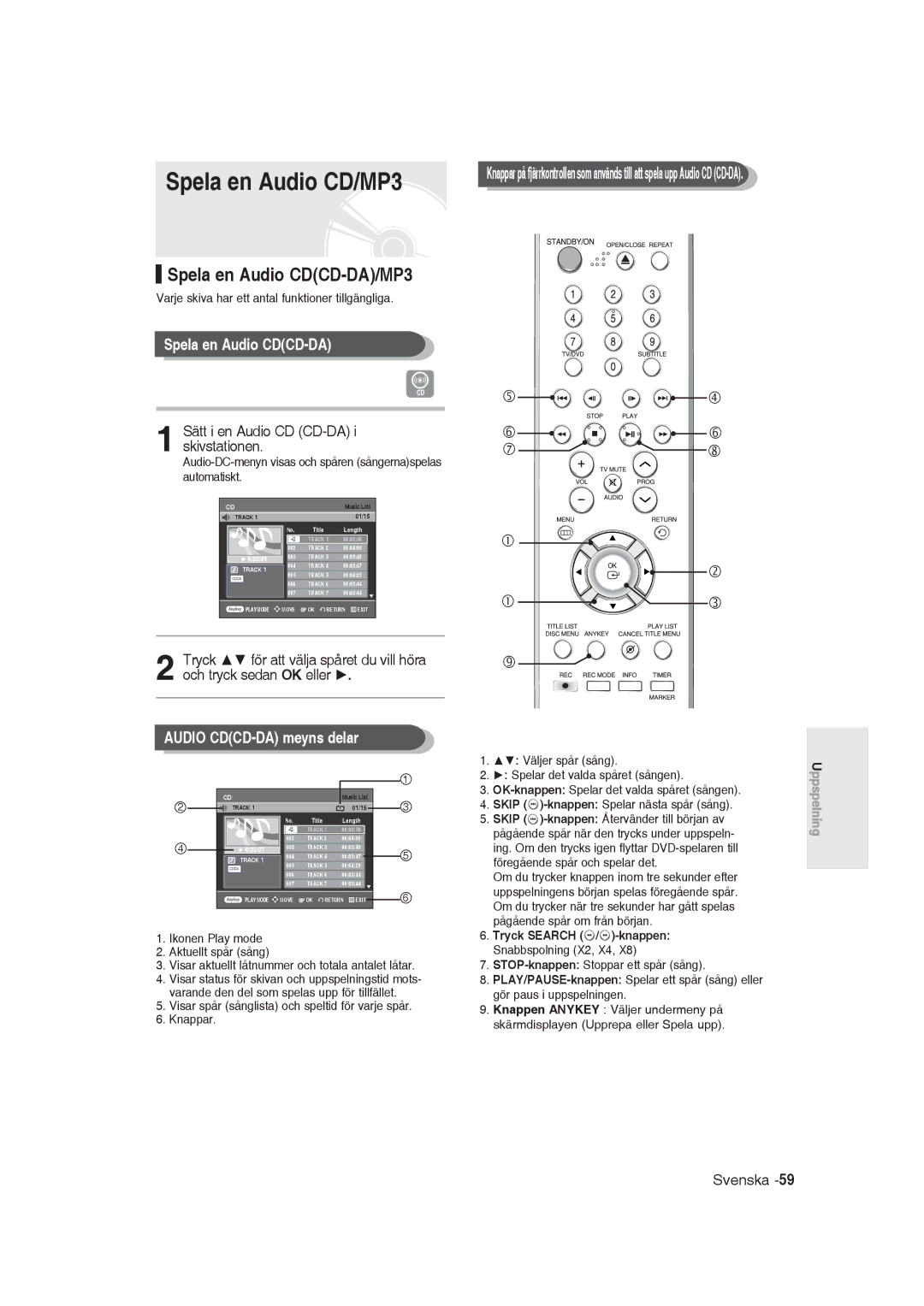 Samsung DVD-R129/XEE manual Spela en Audio CD/MP3, Spela en Audio CDCD-DA/MP3, Audio CDCD-DA meyns delar 