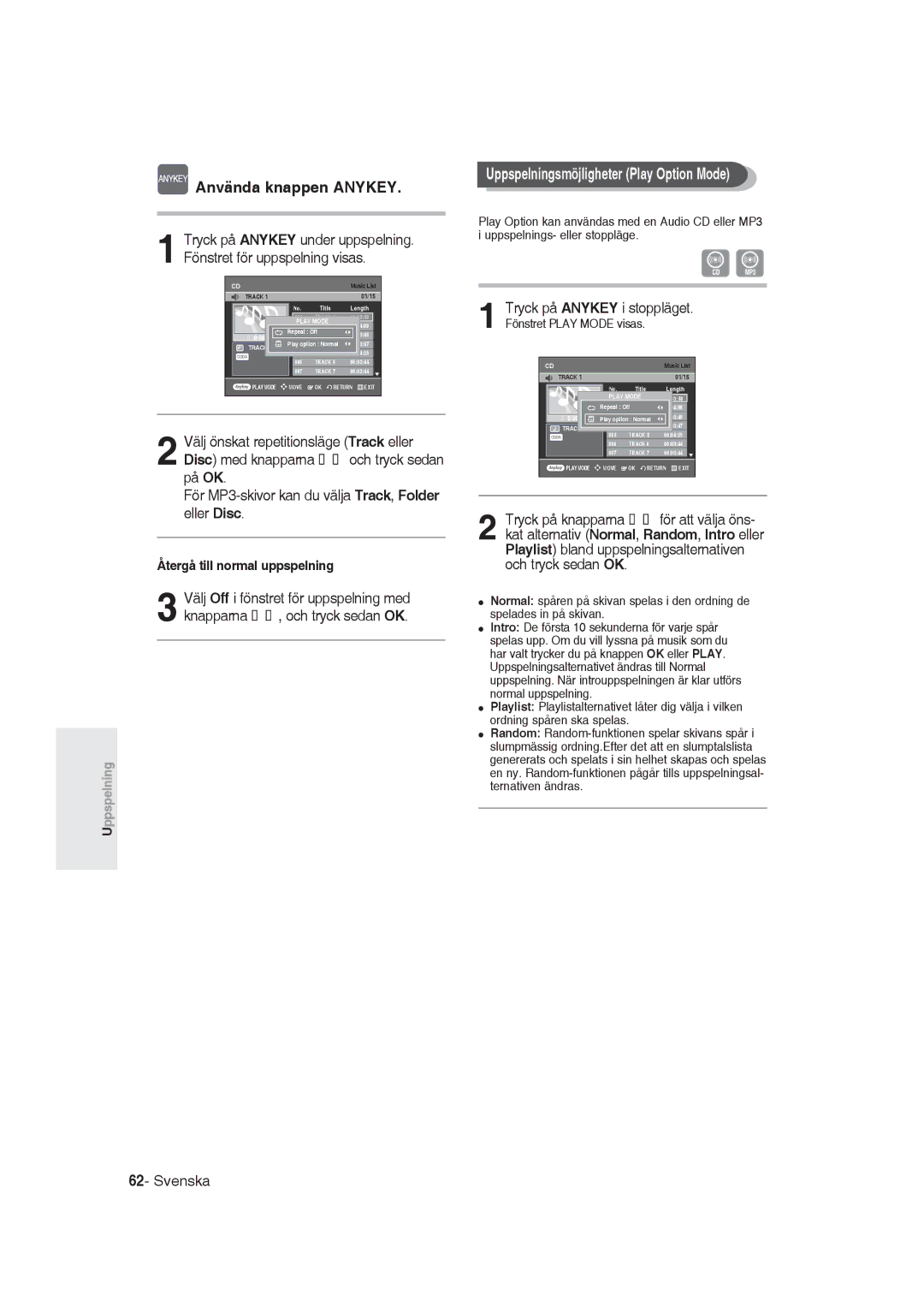 Samsung DVD-R129/XEE manual Använda knappen Anykey, Uppspelningsmöjligheter Play Option Mode 