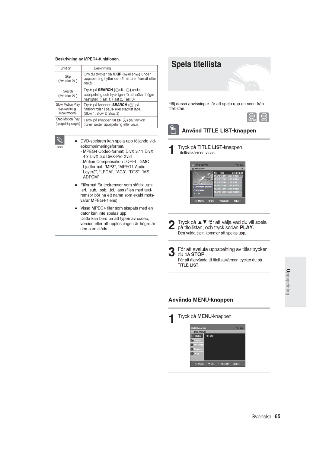 Samsung DVD-R129/XEE manual Spela titellista, Använd Title LIST-knappen, Använda MENU-knappen, Tryck på MENU-knappen 