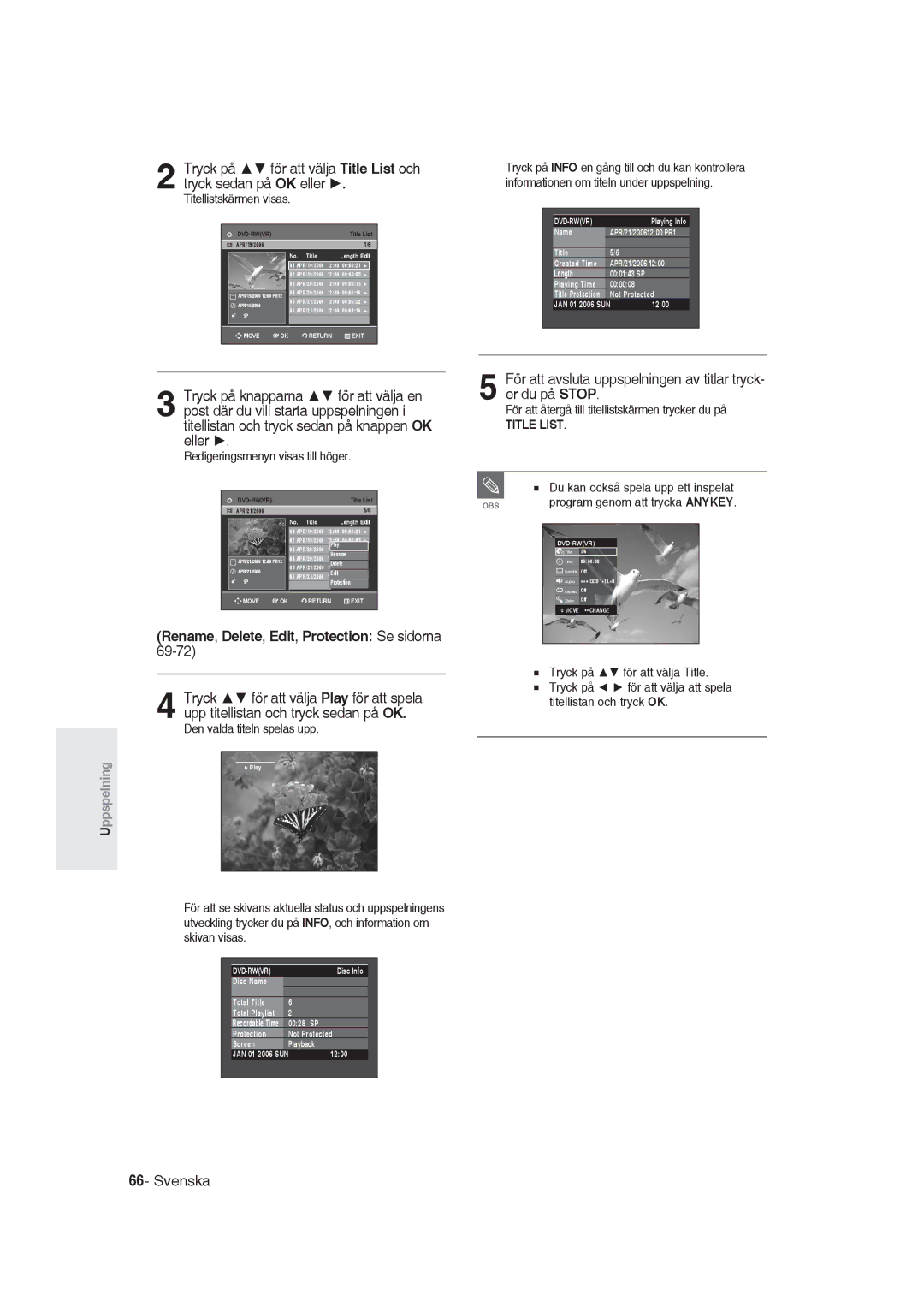 Samsung DVD-R129/XEE manual Rename, Delete, Edit, Protection Se sidorna, Du kan också spela upp ett inspelat 