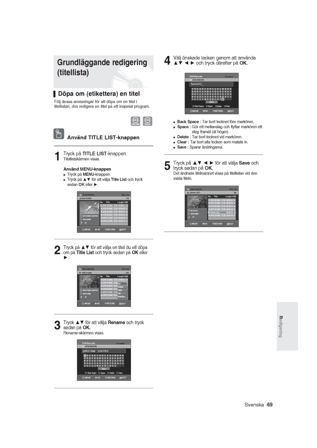 Samsung DVD-R129/XEE manual Titellista, Döpa om etikettera en titel, Tryck på för att välja Save och tryck sedan på OK 