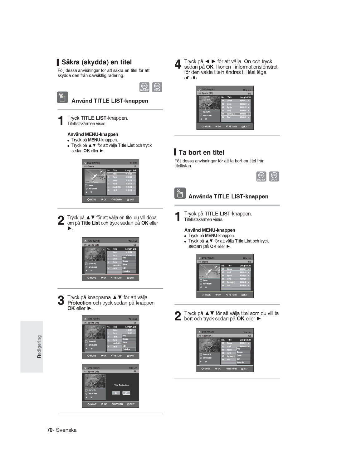 Samsung DVD-R129/XEE manual Säkra skydda en titel, Ta bort en titel, Använda Title LIST-knappen, Tryck Title LIST-knappen 