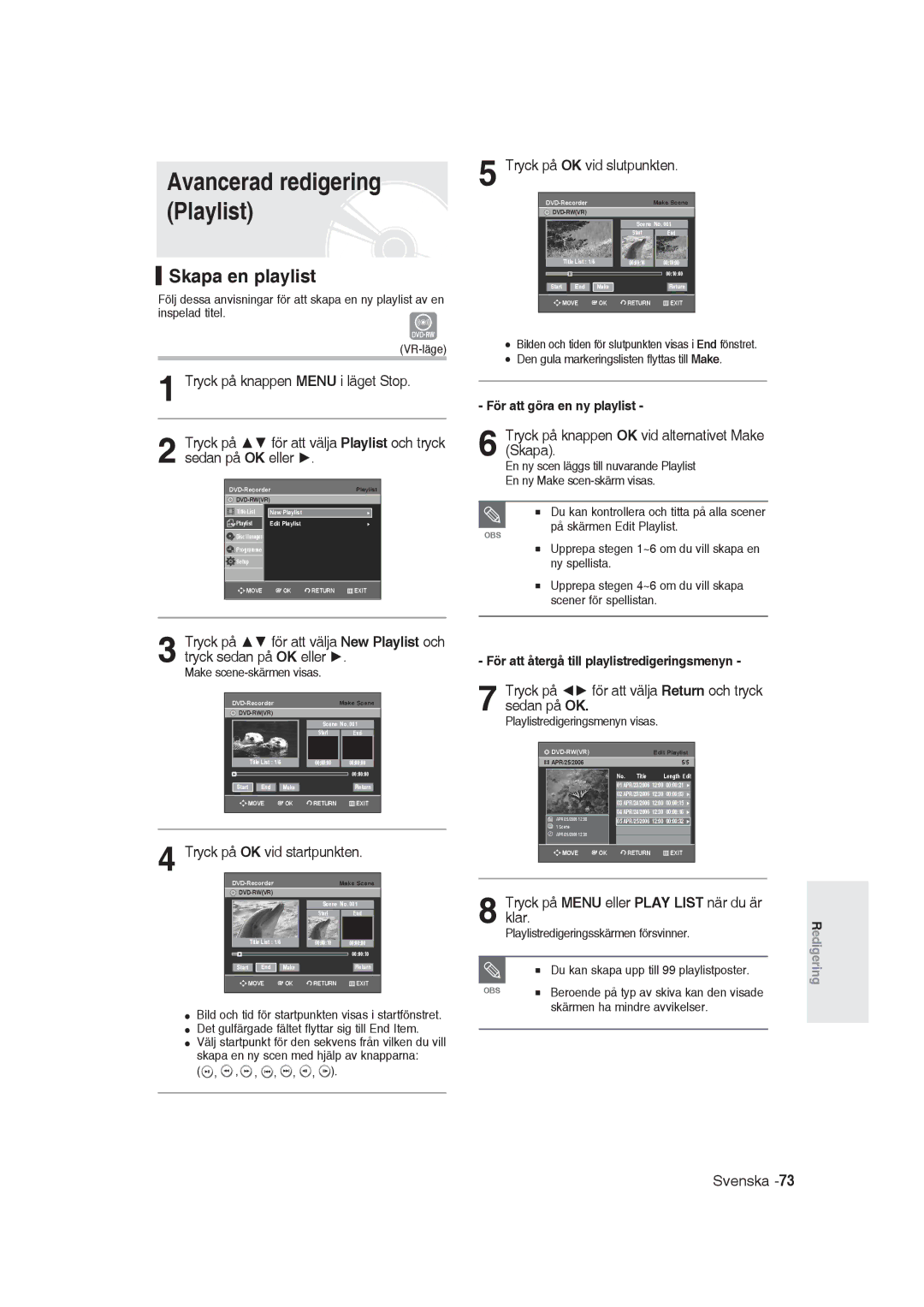 Samsung DVD-R129/XEE manual Avancerad redigering Playlist, Skapa en playlist 