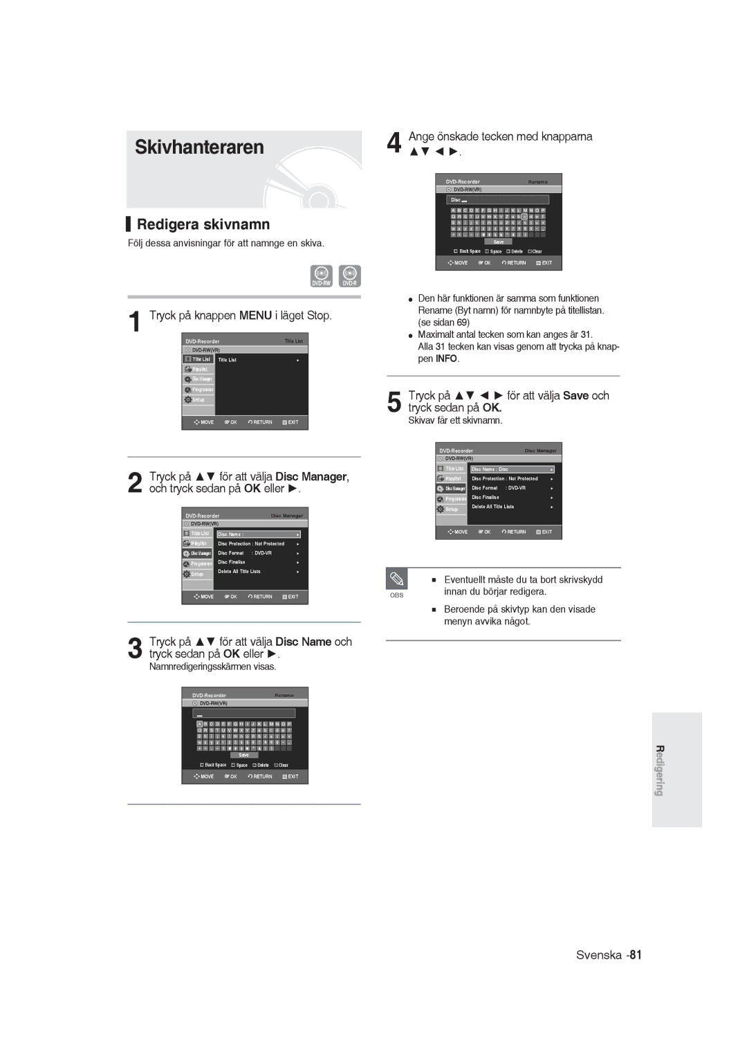 Samsung DVD-R129/XEE manual Skivhanteraren, Redigera skivnamn, Tryck på knappen Menu i läget Stop 