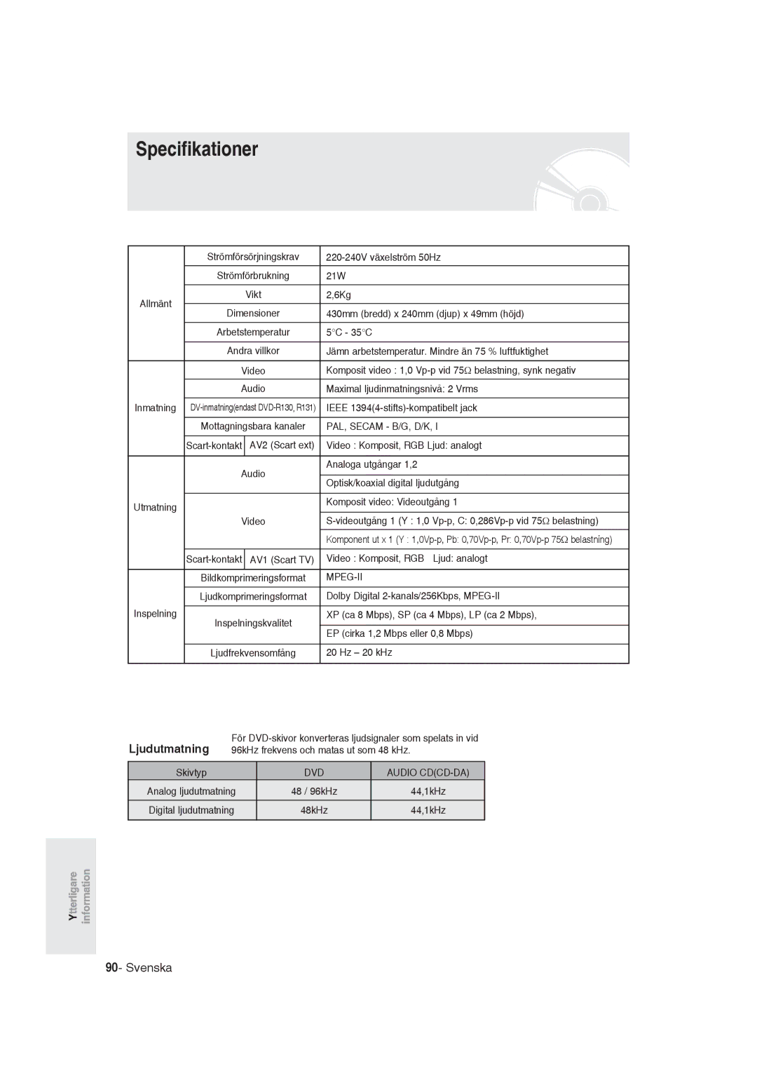 Samsung DVD-R129/XEE manual Specifikationer 