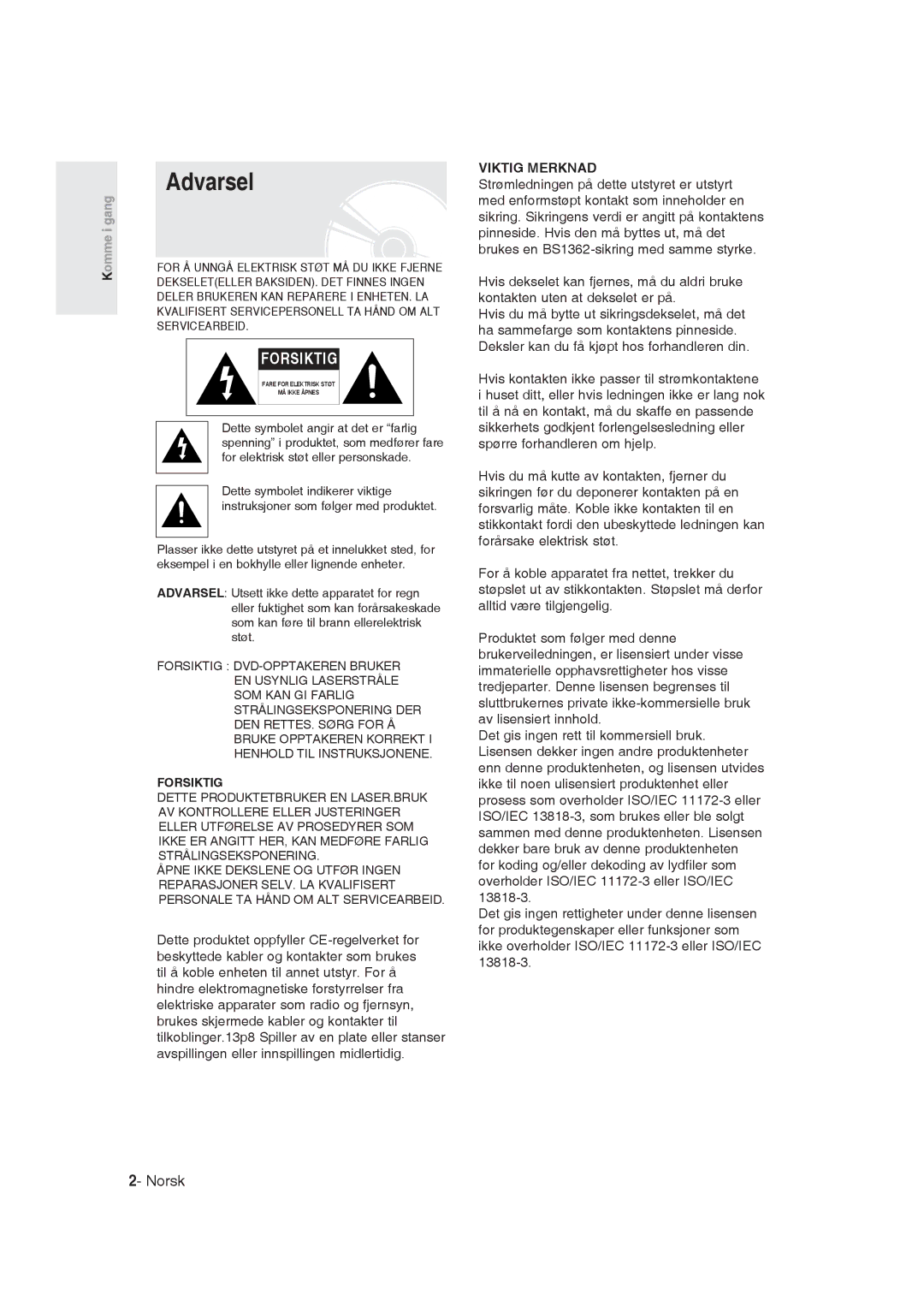 Samsung DVD-R129/XEE manual Norsk, Komme i gang 