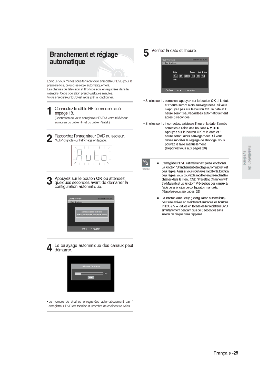 Samsung DVD-R128/XEF, DVD-R129/XEF manual Branchement et réglage automatique, Connectez le câble RF comme indiqué enpage 