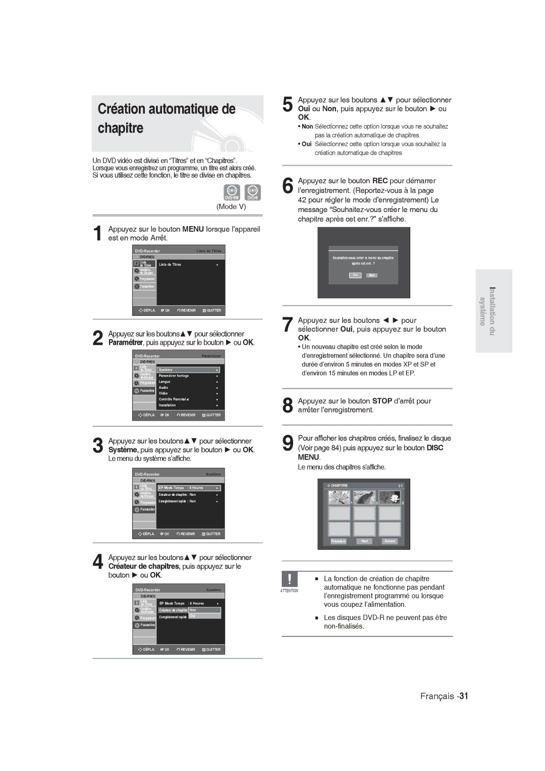 Samsung DVD-R128/XEF, DVD-R129/XEF manual Création automatique de chapitre, Mode, Le menu des chapitres s’affiche 