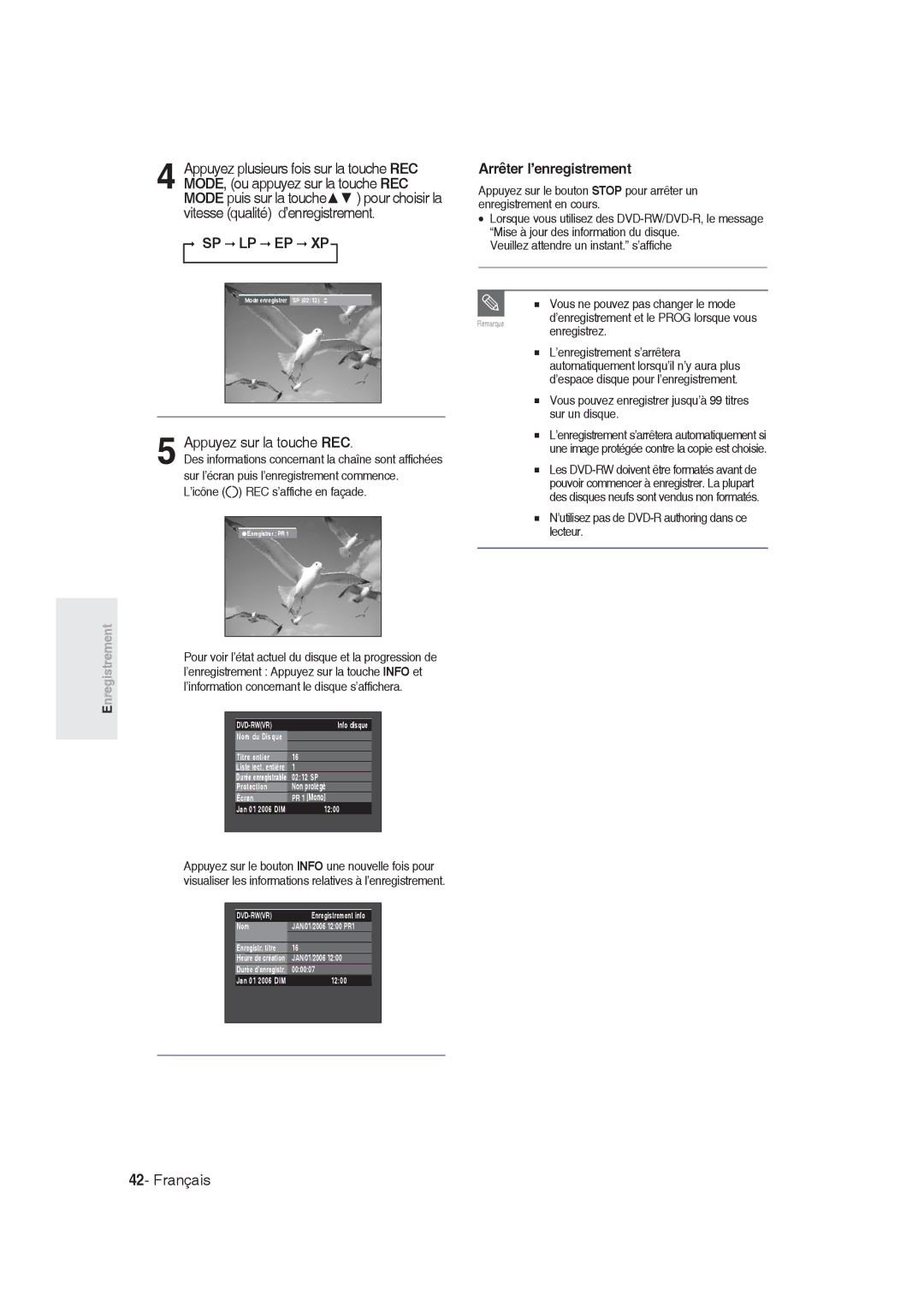 Samsung DVD-R129/XEF, DVD-R128/XEF ’enregistrement, Appuyez sur la touche REC, Mode puis sur la touche pour choisir la 