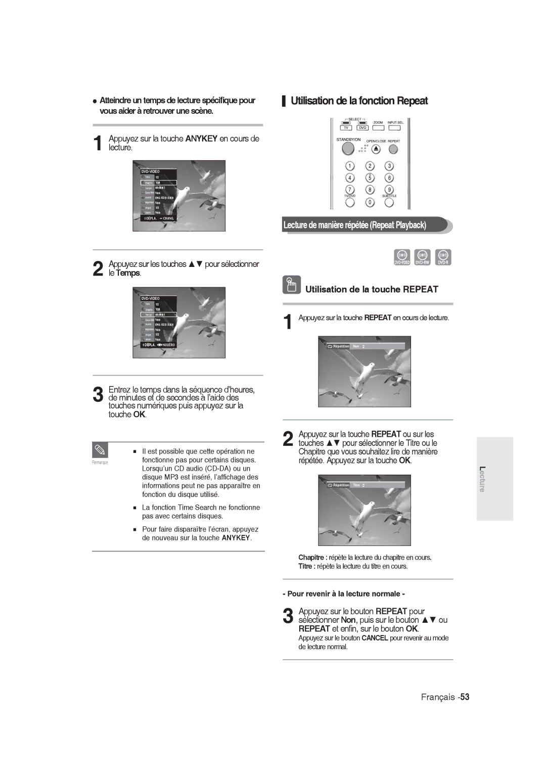 Samsung DVD-R128/XEF, DVD-R129/XEF manual Utilisation de la fonction Repeat, Lecture de manière répétée Repeat Playback 