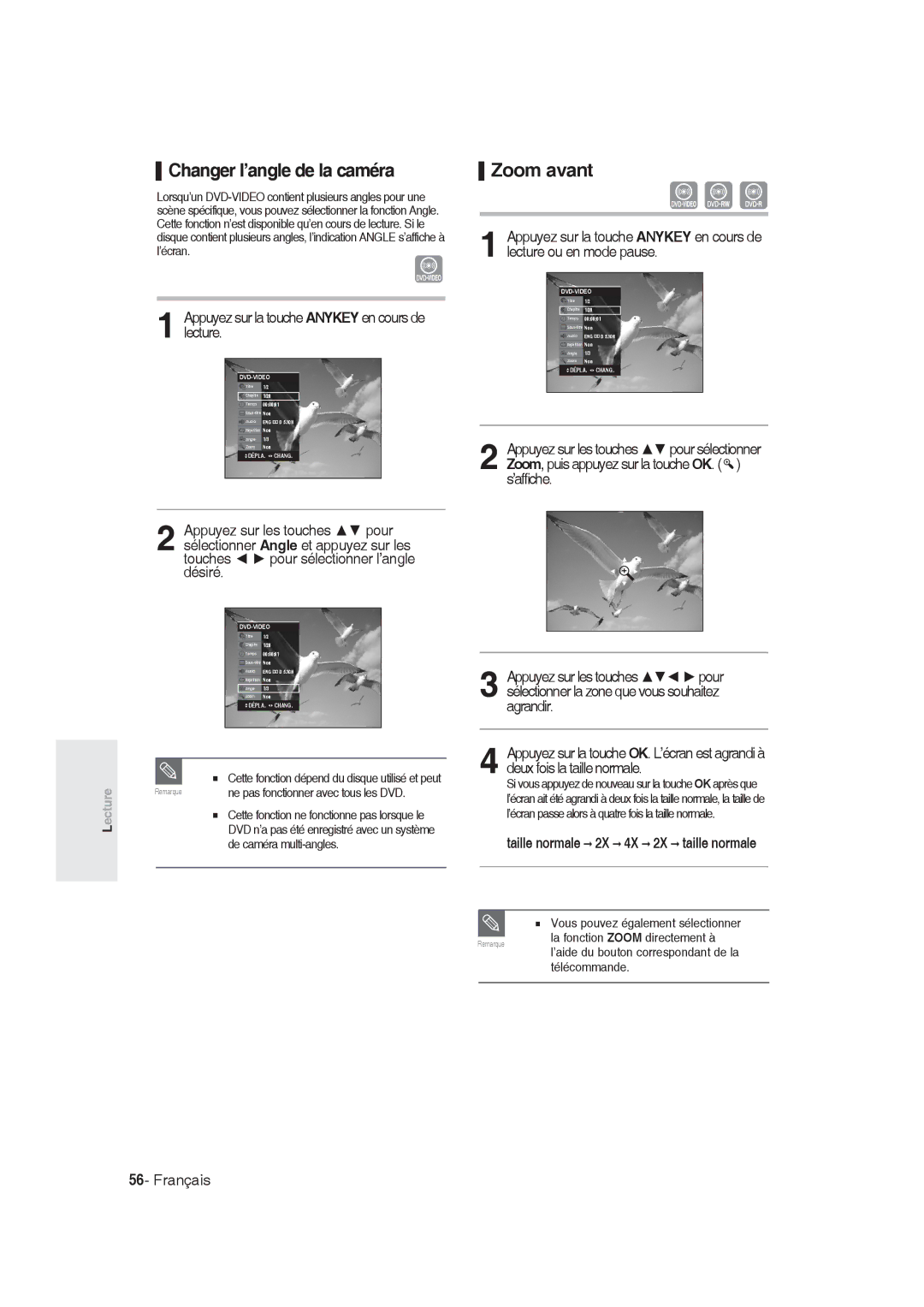 Samsung DVD-R129/XEF, DVD-R128/XEF manual Changer l’angle de la caméra, Zoom avant, Taille normale 2X 4X 2X taille normale 