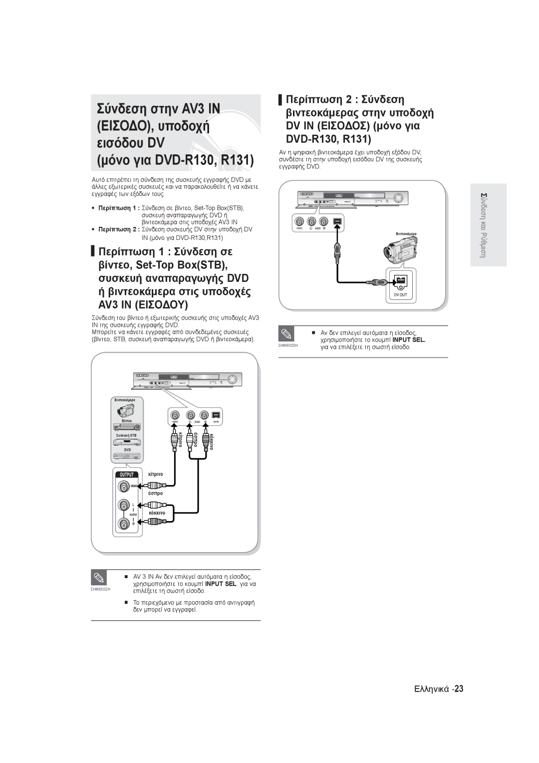 Samsung DVD-R130/EUR, DVD-R131/EUR manual Βιντεοκάμερα στις υποδοχές, AV3 in Εισοδου 