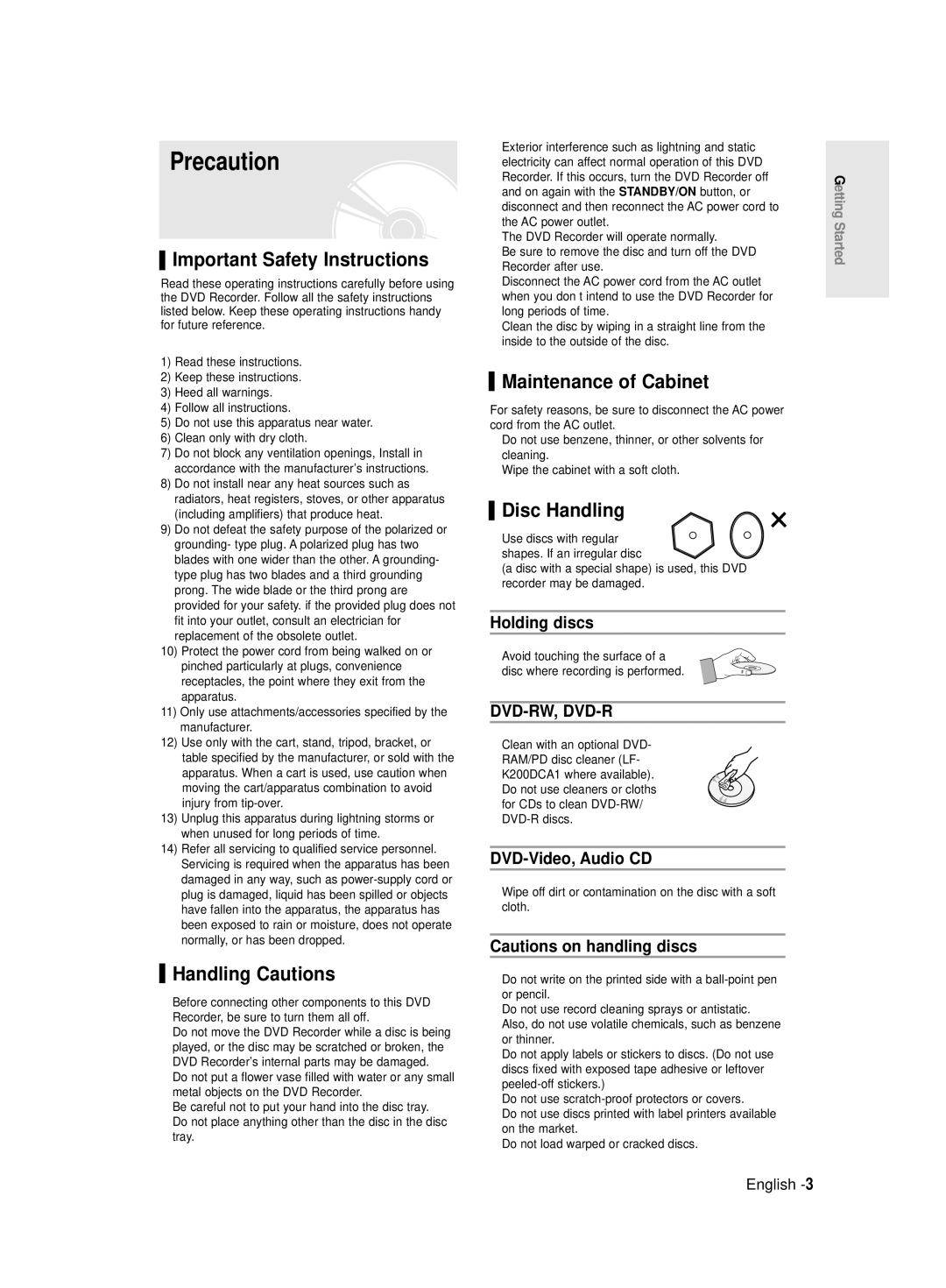 Samsung DVD-R131/EUR Precaution, Important Safety Instructions, Handling Cautions, Maintenance of Cabinet, Disc Handling 