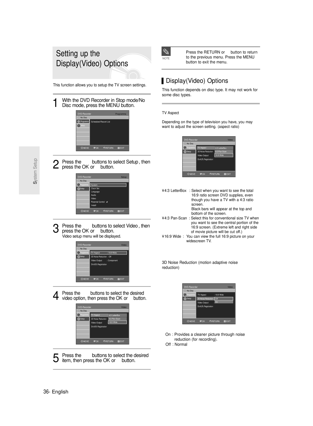 Samsung DVD-R130/EUR manual DisplayVideo Options, This function allows you to setup the TV screen settings, TV Aspect 