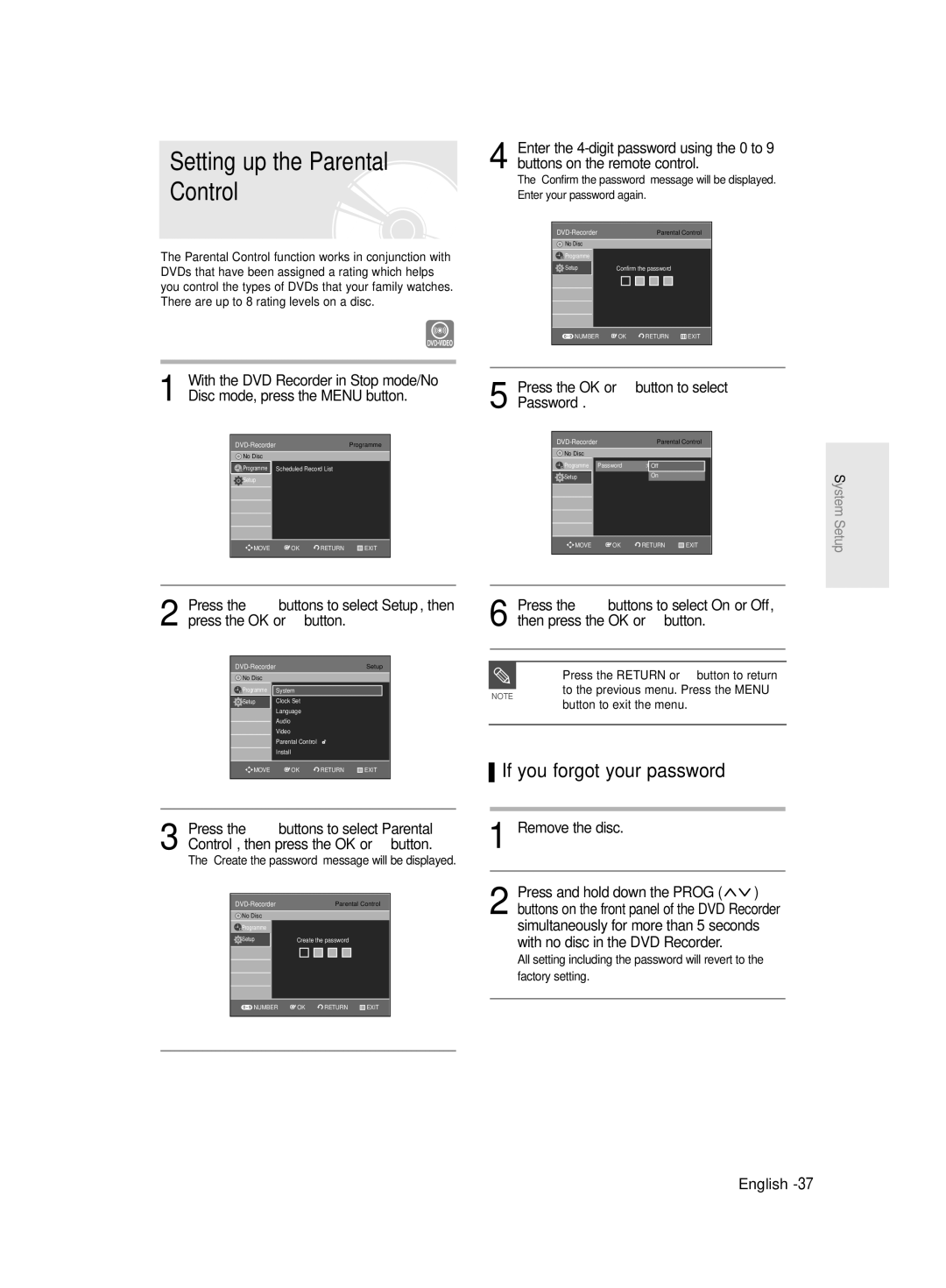 Samsung DVD-R131/EUR, DVD-R130/EUR manual Setting up the Parental Control, If you forgot your password, Remove the disc 