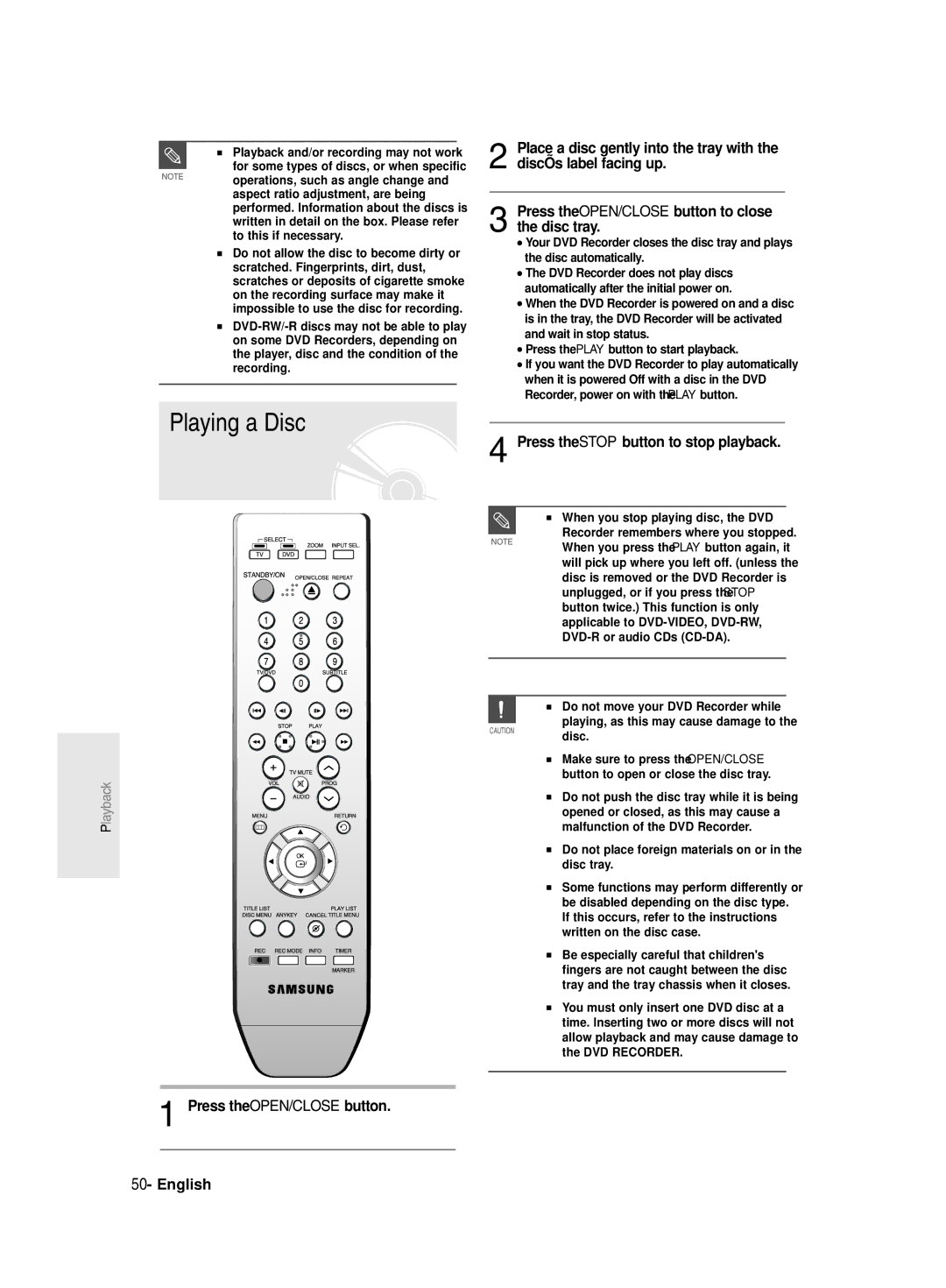 Samsung DVD-R130/EUR, DVD-R131/EUR Playing a Disc, Press the Stop button to stop playback, Press the OPEN/CLOSE button 