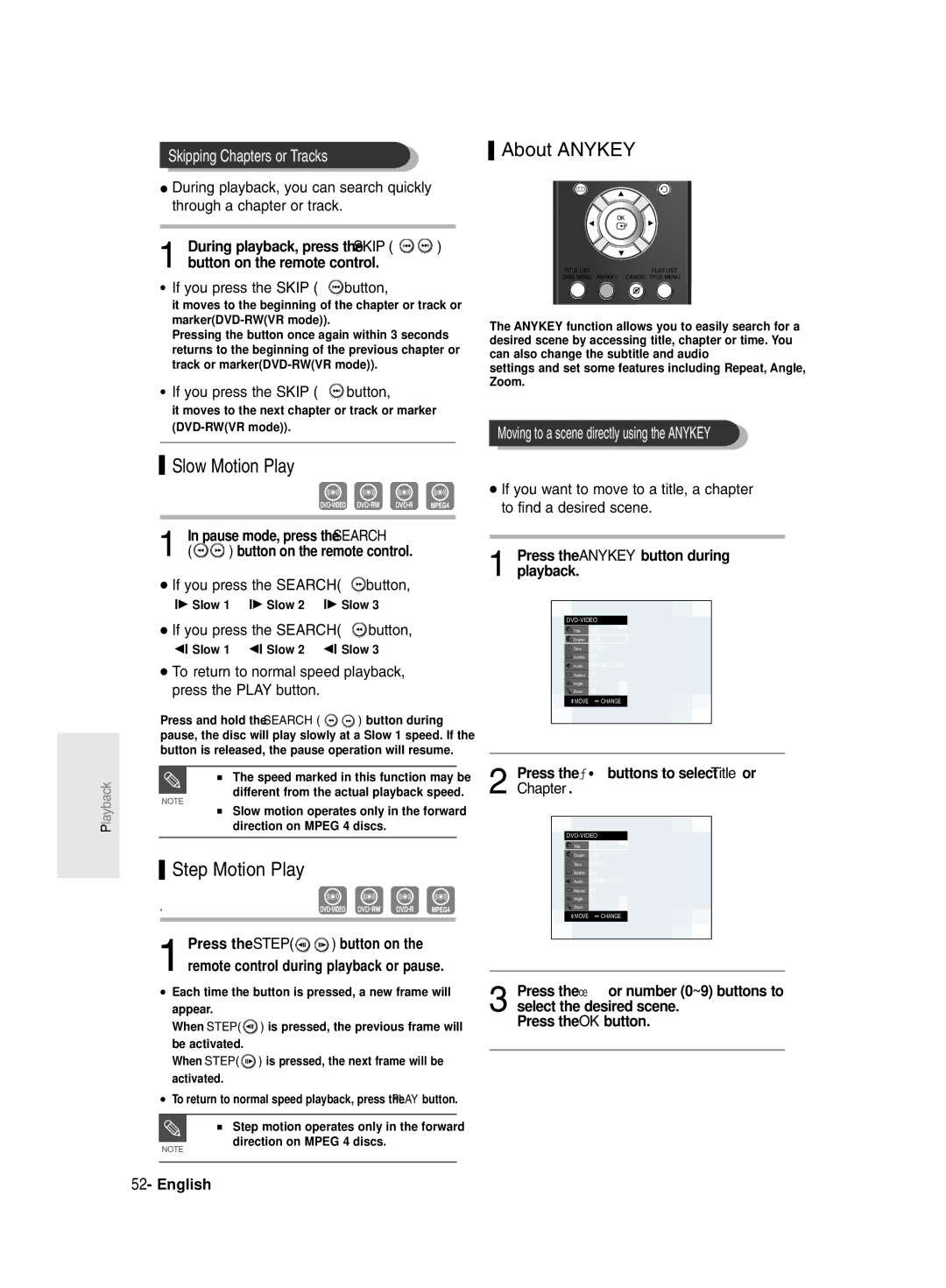 Samsung DVD-R130/EUR, DVD-R131/EUR manual Slow Motion Play, Step Motion Play, About Anykey, Skipping Chapters or Tracks 