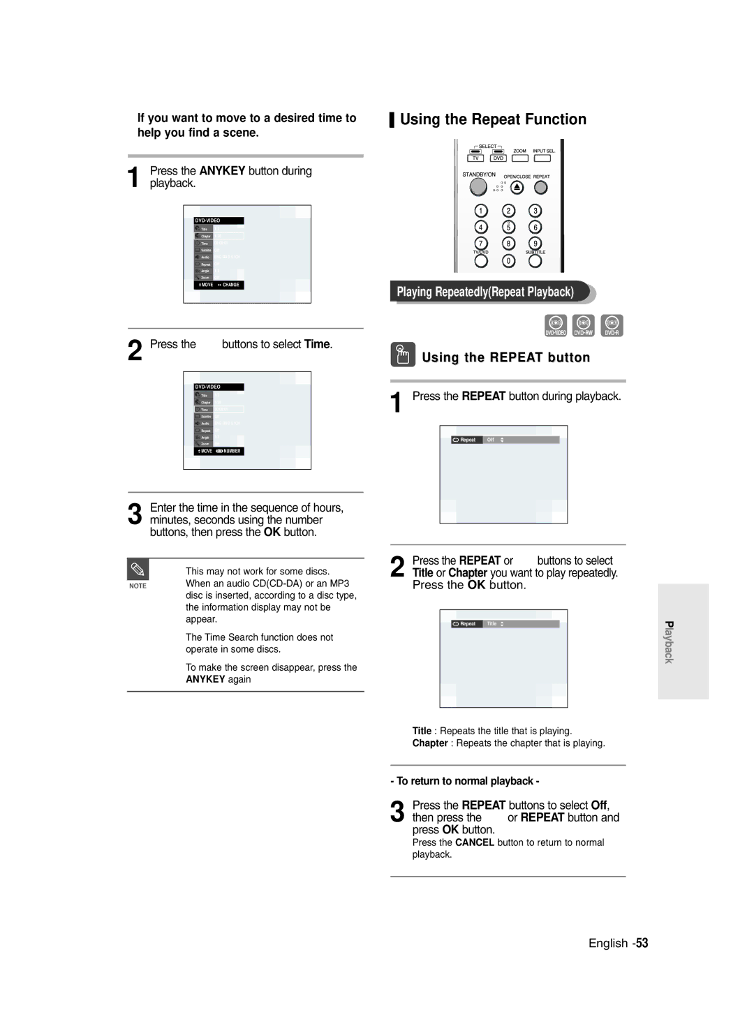 Samsung DVD-R131/EUR Using the Repeat Function, Playing RepeatedlyRepeat Playback, Press the …† buttons to select Time 