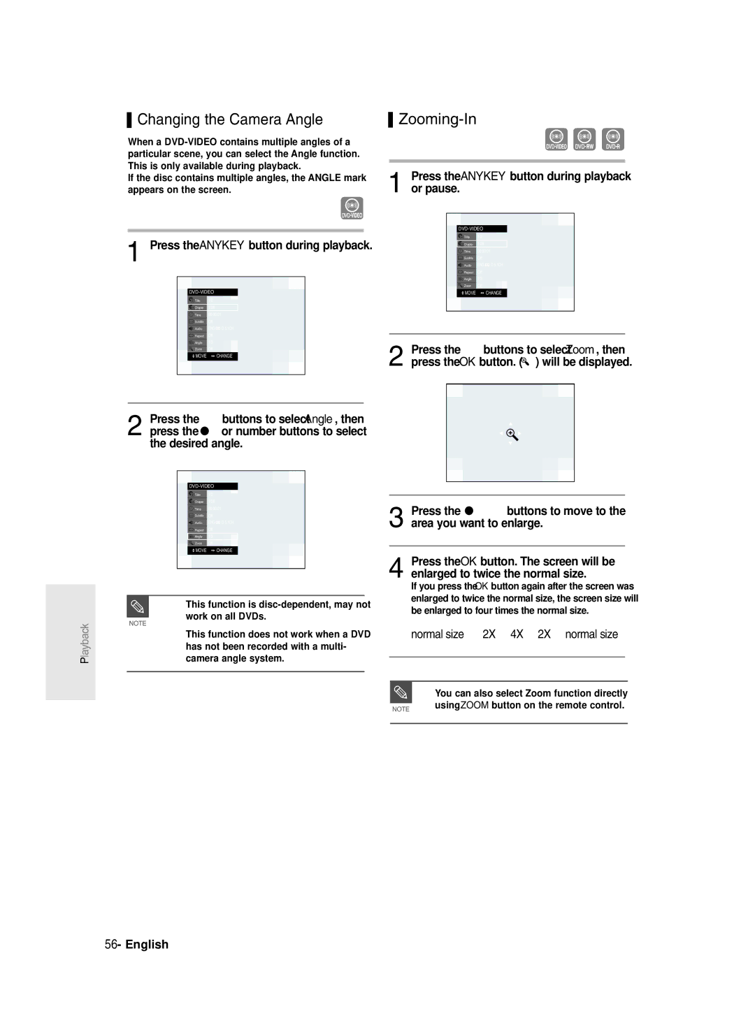 Samsung DVD-R130/EUR, DVD-R131/EUR manual Changing the Camera Angle Zooming-In, Or pause 