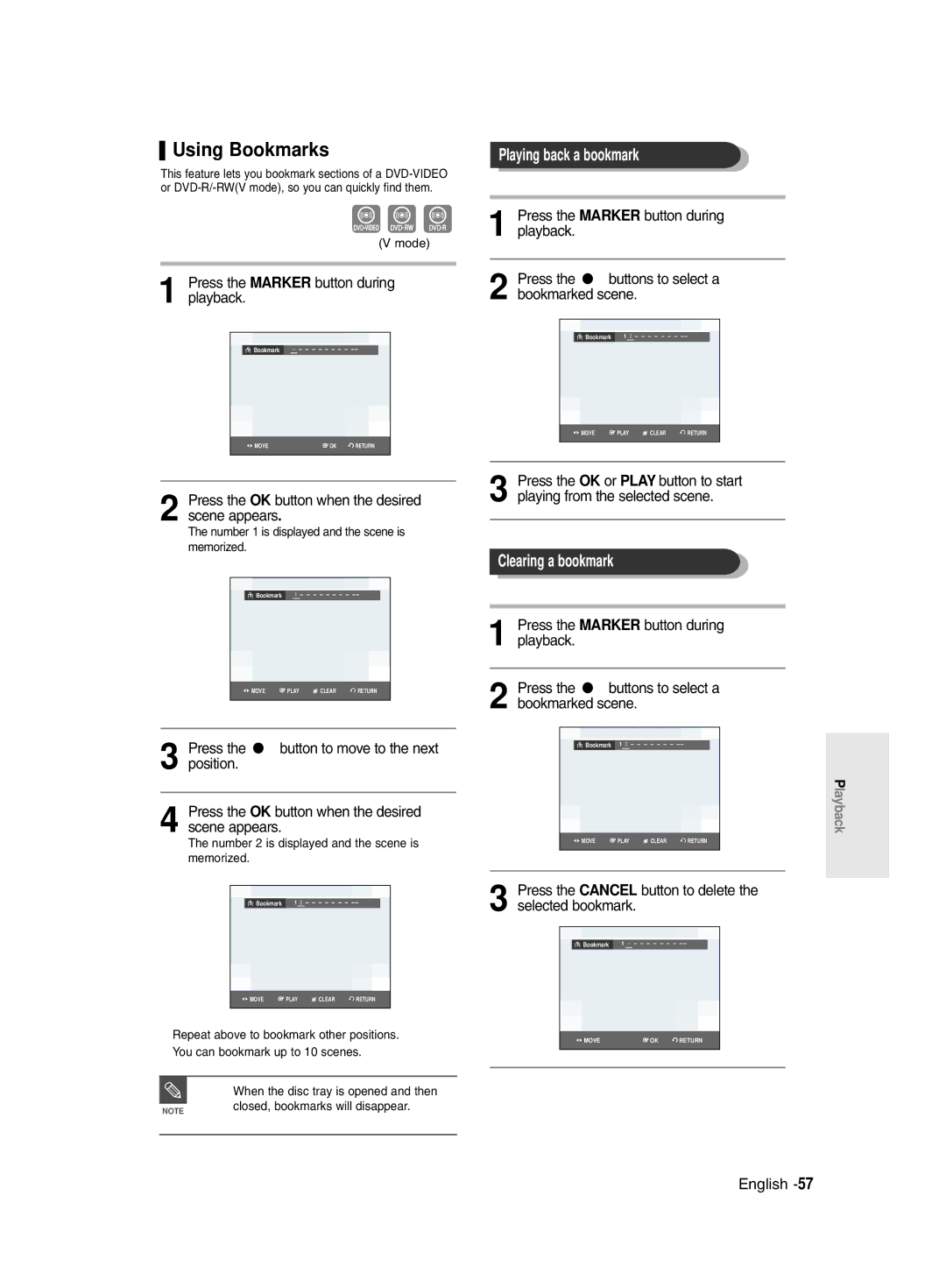 Samsung DVD-R131/EUR, DVD-R130/EUR manual Using Bookmarks, Playing back a bookmark, Clearing a bookmark 