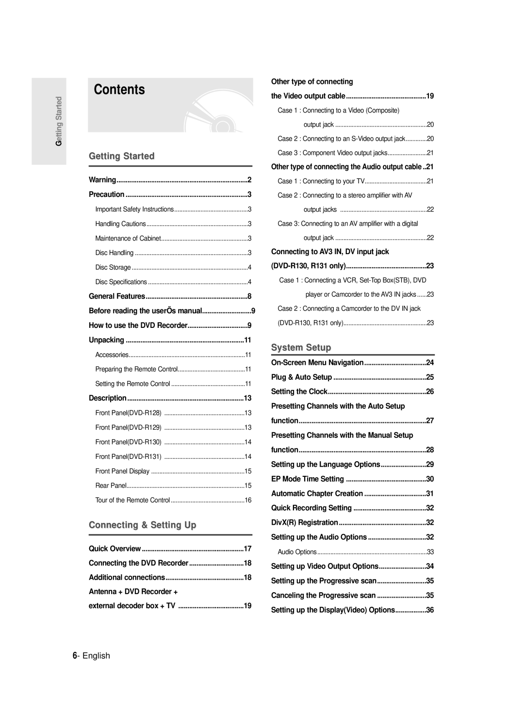 Samsung DVD-R130/EUR, DVD-R131/EUR manual Contents 