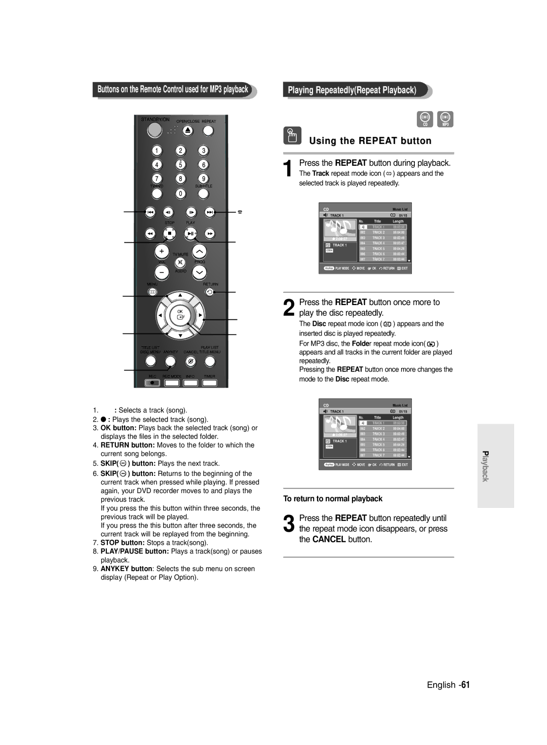 Samsung DVD-R131/EUR, DVD-R130/EUR manual Buttons on the Remote Control used for MP3 playback 