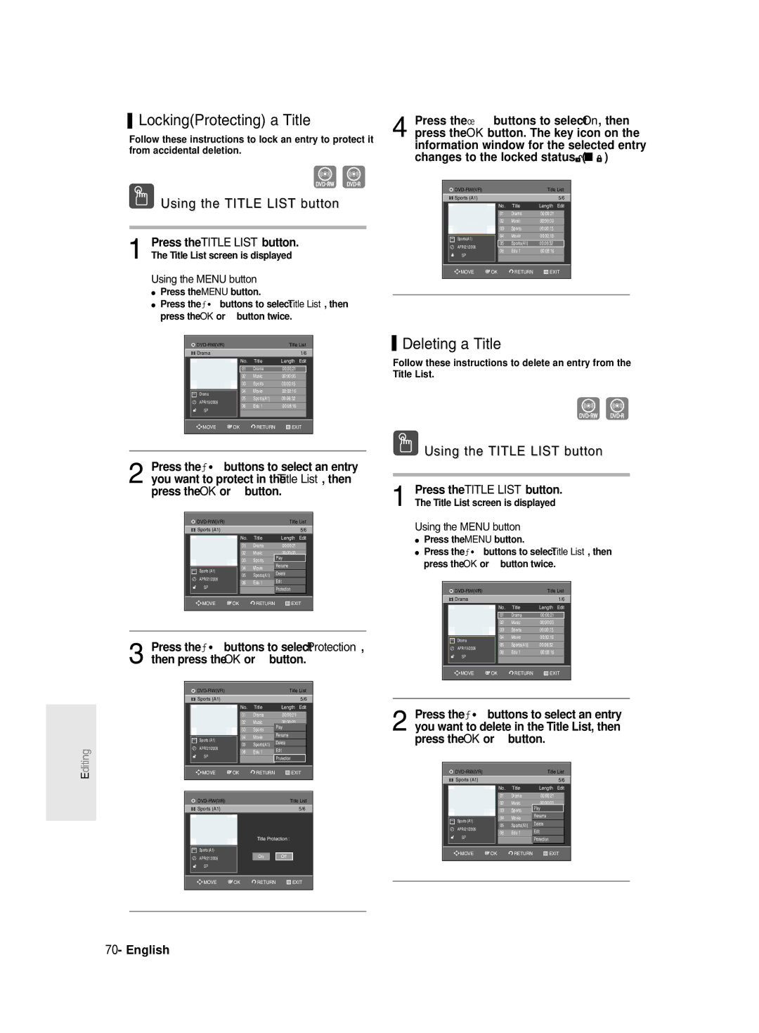 Samsung DVD-R130/EUR, DVD-R131/EUR manual LockingProtecting a Title, Deleting a Title 