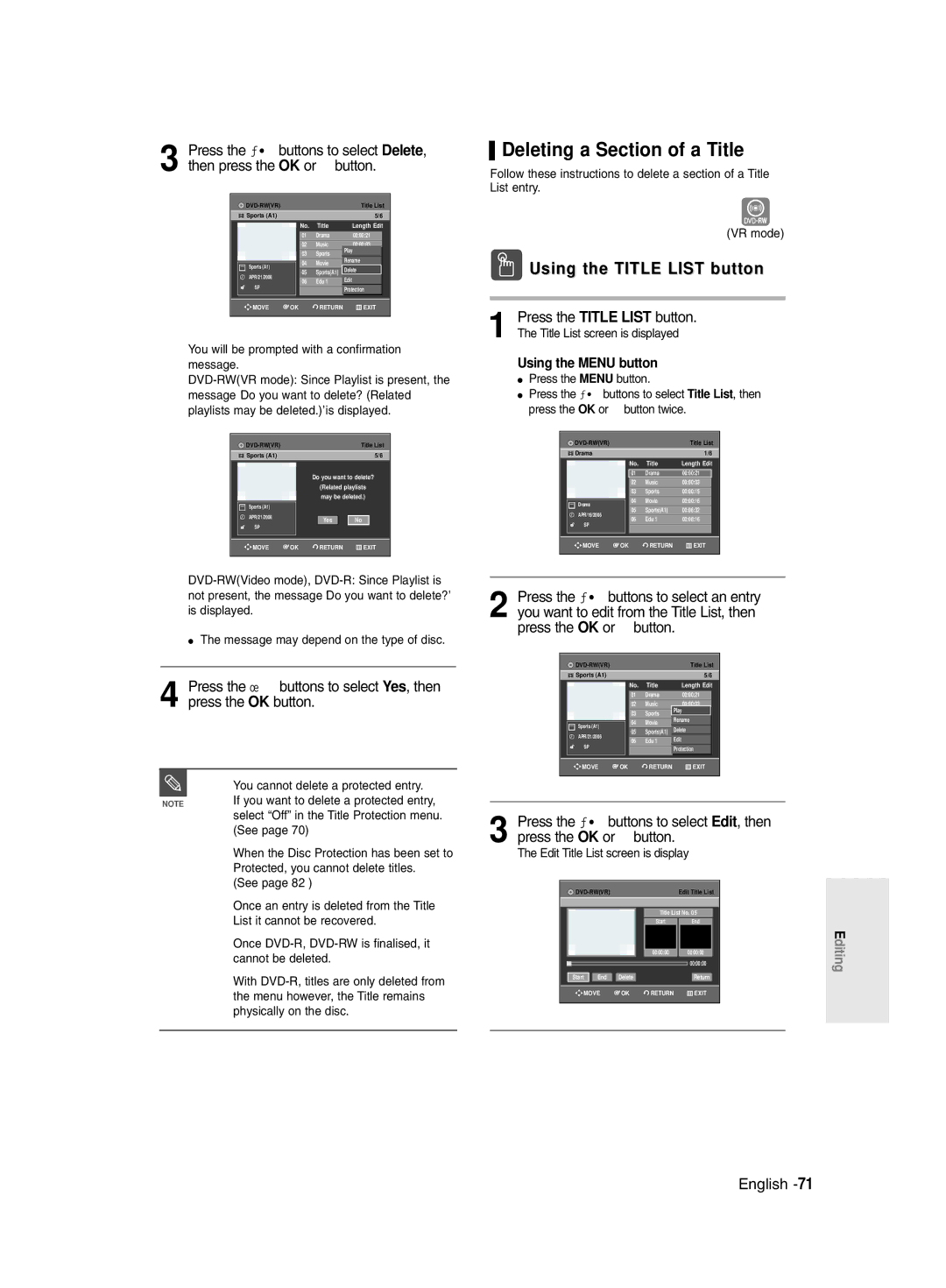 Samsung DVD-R131/EUR, DVD-R130/EUR manual Deleting a Section of a Title, Edit Title List screen is display 