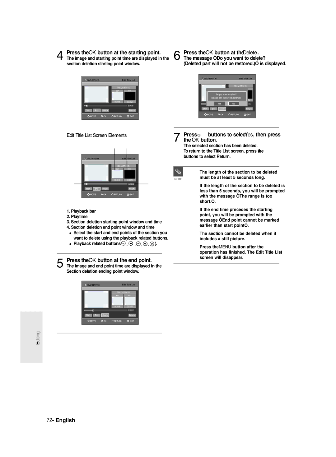 Samsung DVD-R130/EUR manual Press œ √ buttons to select Yes, then press the OK button, Edit Title List Screen Elements 