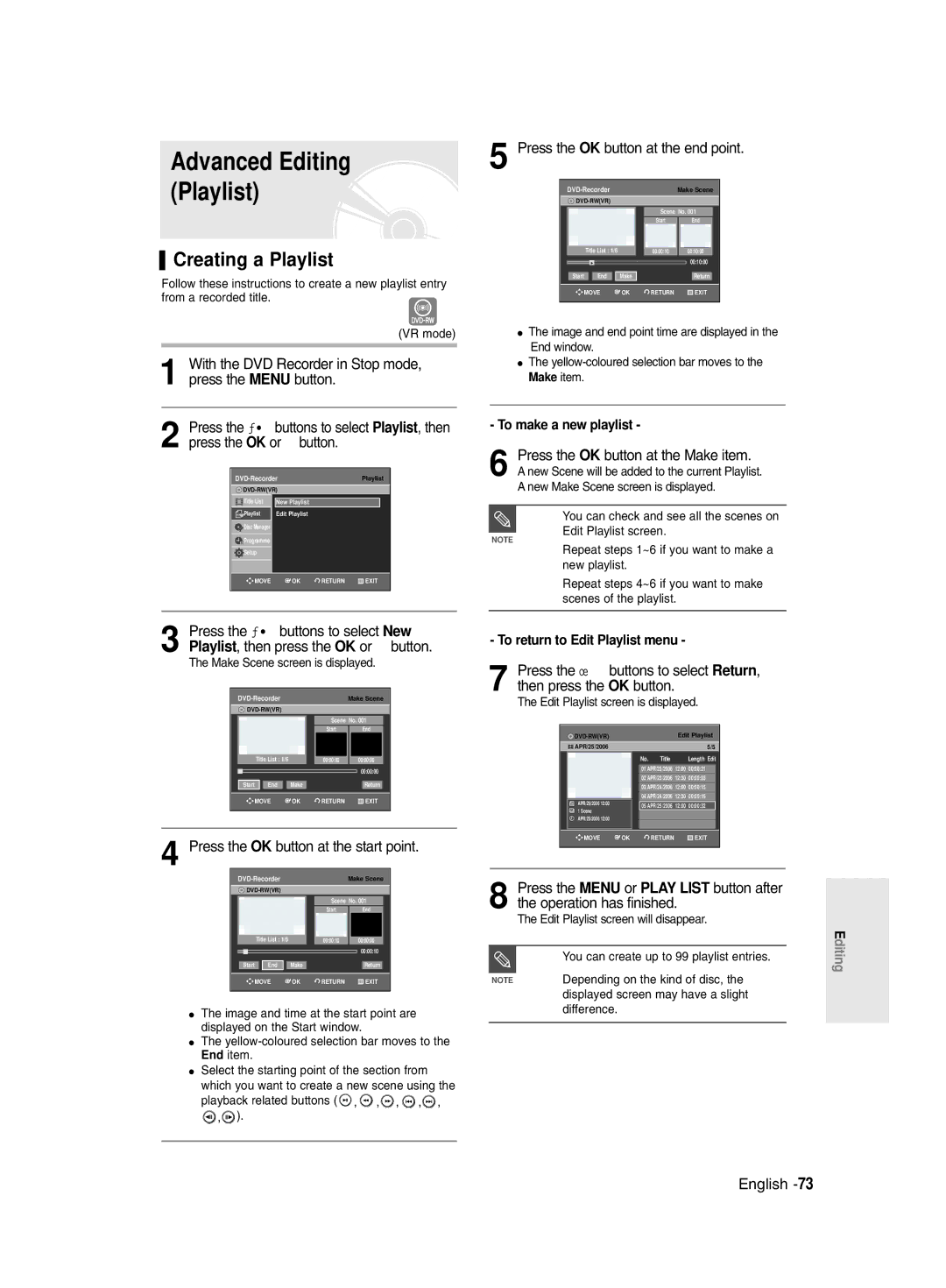 Samsung DVD-R131/EUR Creating a Playlist, Press the OK button at the start point, Press the OK button at the end point 