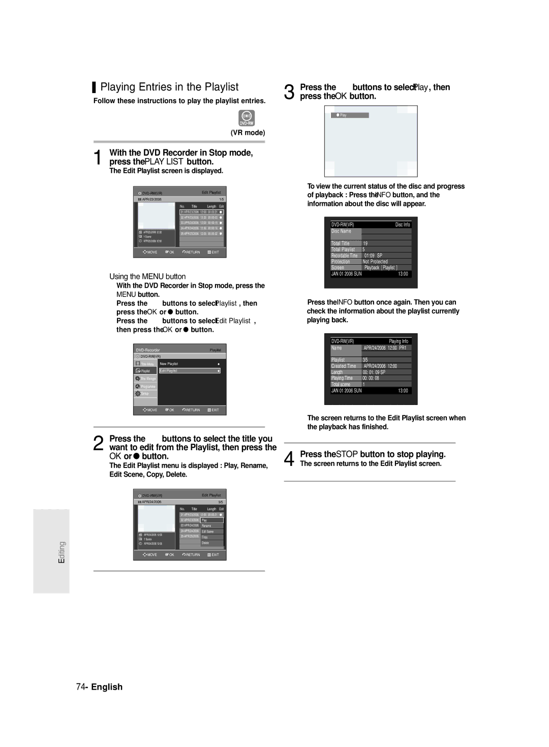 Samsung DVD-R130/EUR, DVD-R131/EUR manual Playing Entries in the Playlist, Using the Menu button 