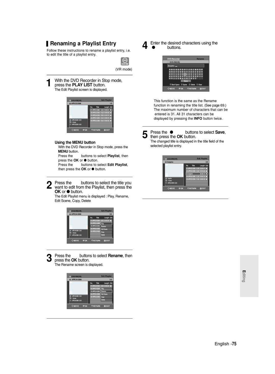 Samsung DVD-R131/EUR, DVD-R130/EUR manual Renaming a Playlist Entry, Enter the desired characters using the …† œ √ buttons 